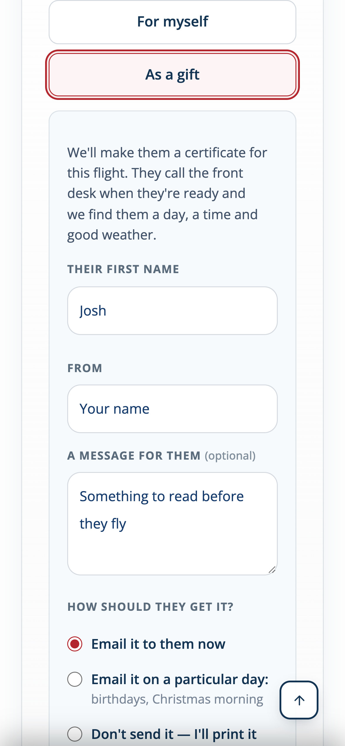 The upper part of the named experience gift form on a 390-pixel phone
