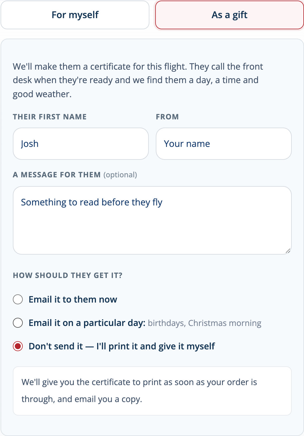 The print it yourself gift option selected, with no recipient email field