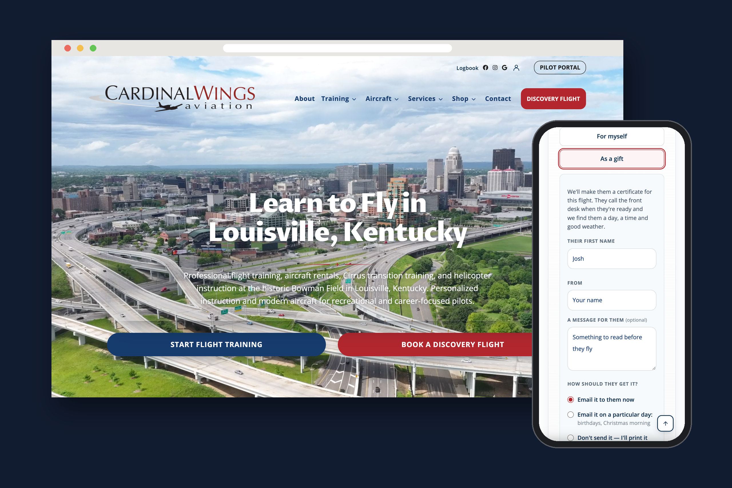 Cardinal Wings Aviation website on a desktop browser and the experience gift form on a phone, by Shaun Wilson Designs