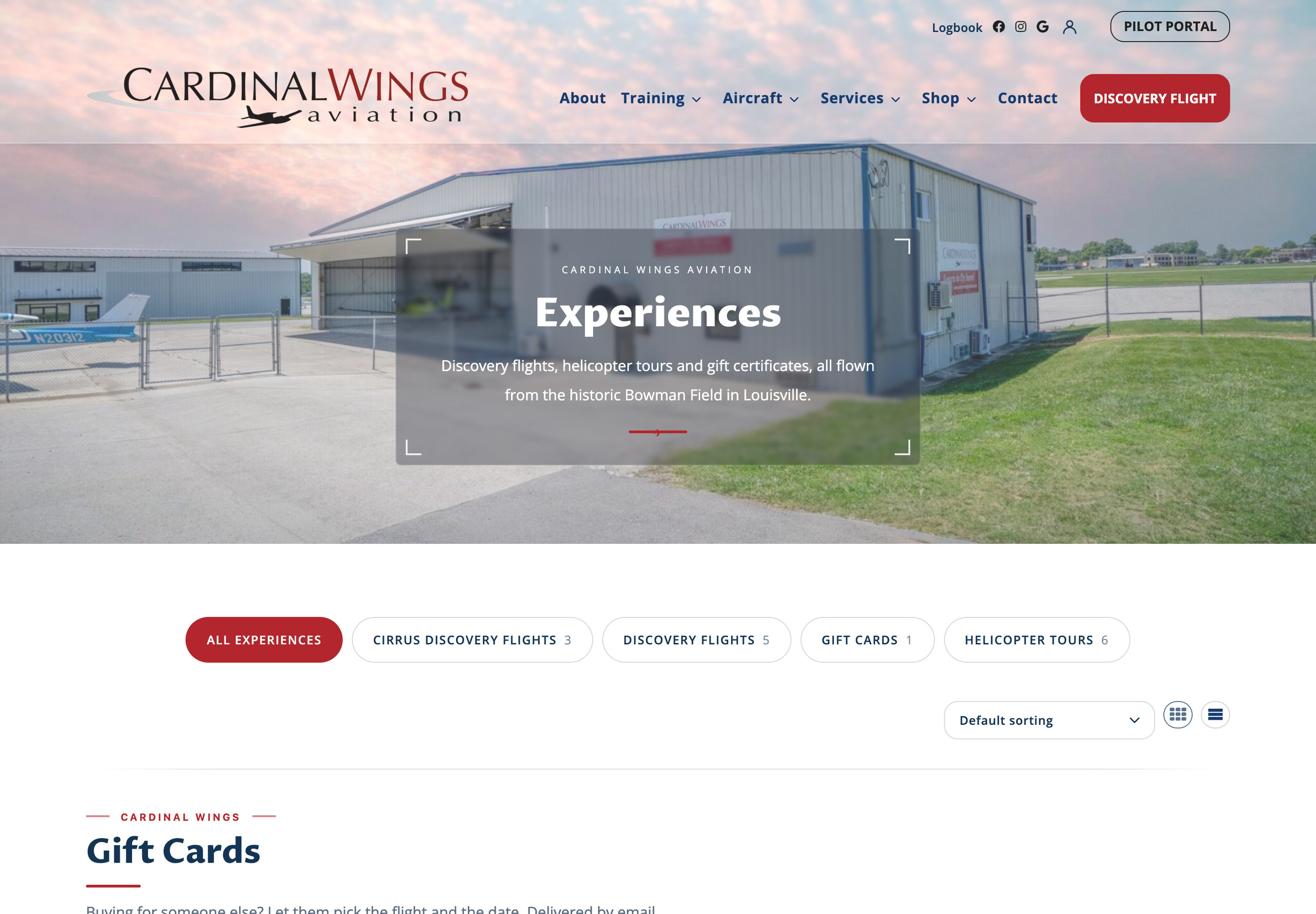 The Cardinal Wings Aviation experience store with discovery flights, helicopter tours and gift cards