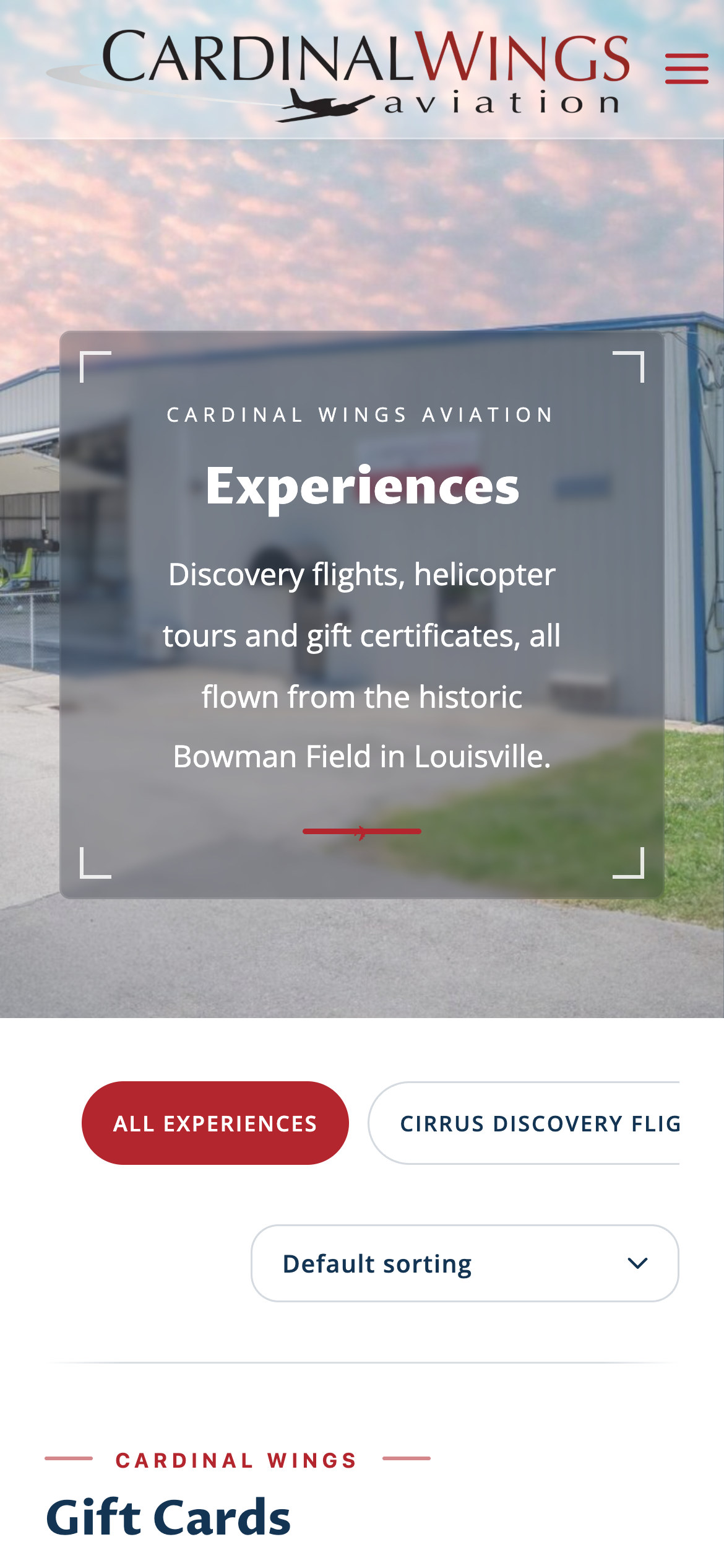 The Cardinal Wings Aviation experience store on a 390-pixel phone