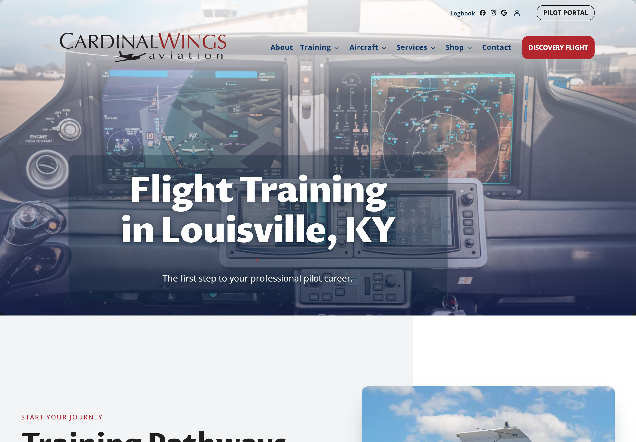 Cardinal Wings Aviation flight training page with paths into the school