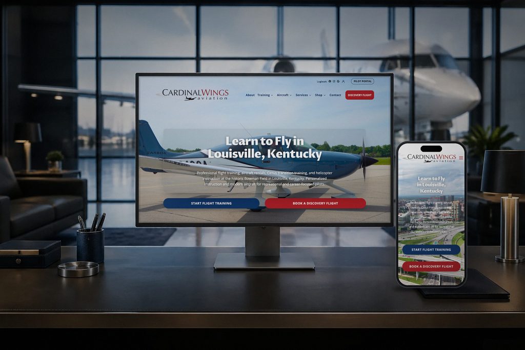 Cardinal Wings Aviation website and experience gift form on desktop and phone