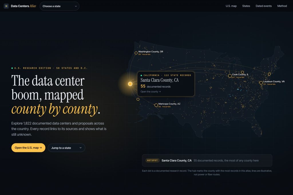 Data Centers Atlas homepage: The data center boom, mapped county by county, a website by Shaun Wilson Designs