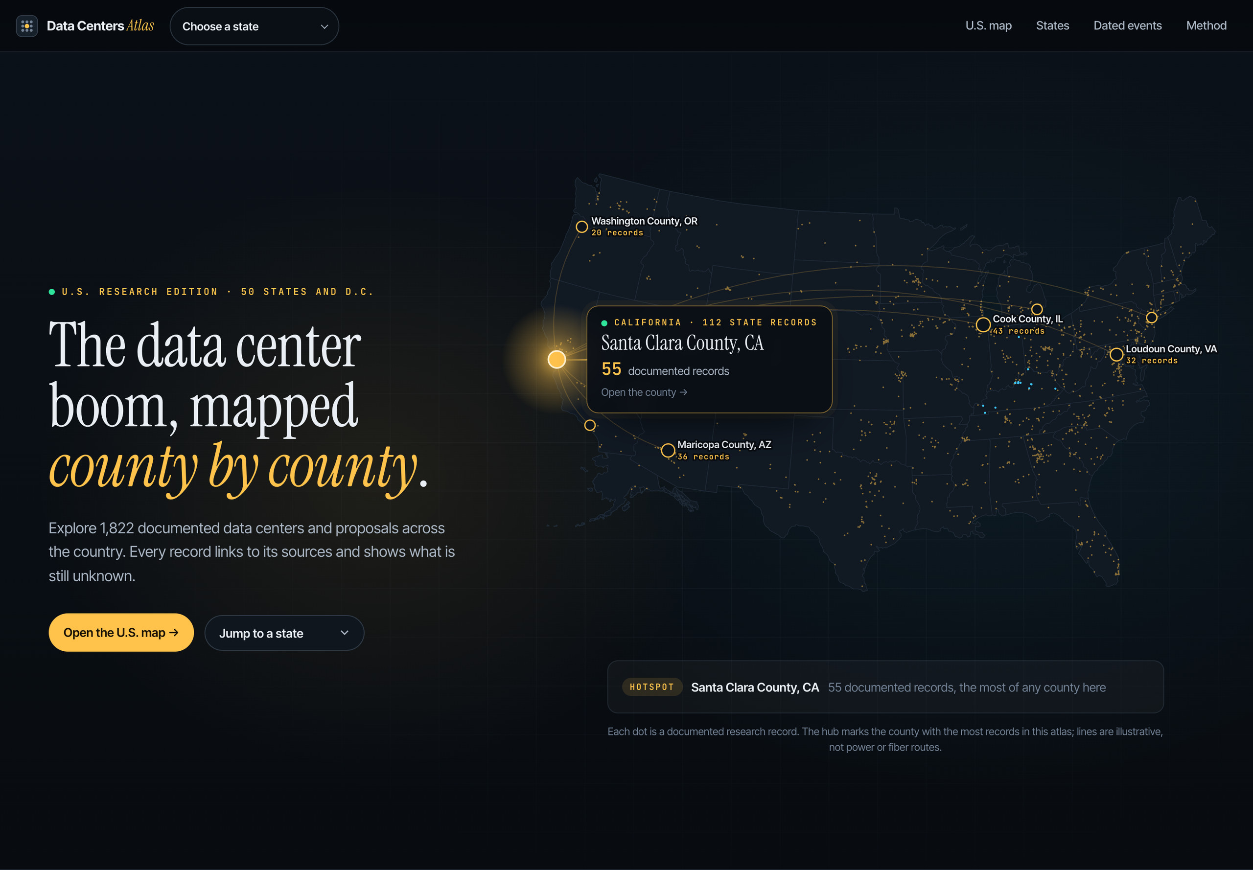 Data Centers Atlas homepage at 1440 pixels: The data center boom, mapped county by county, with 1,822 documented records