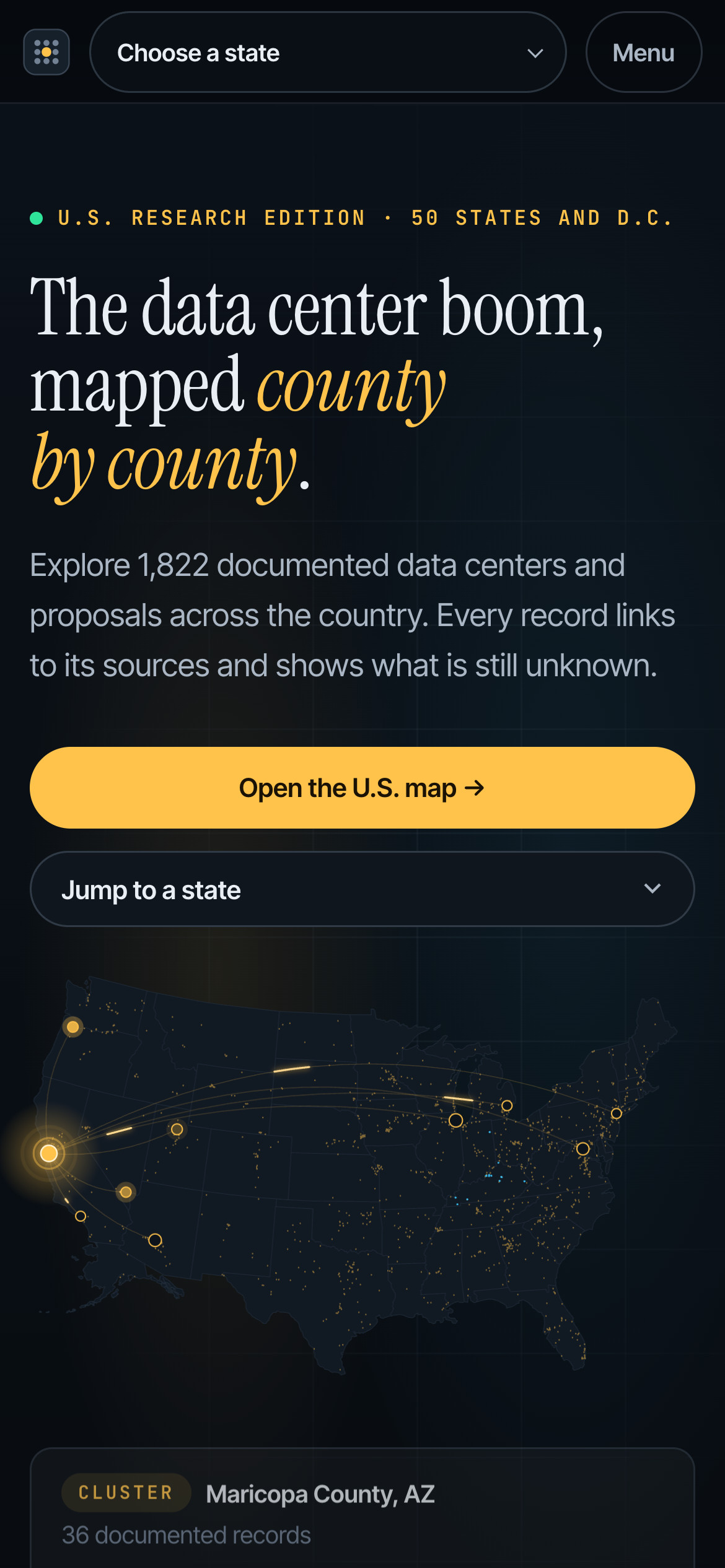 Data Centers Atlas homepage on a 390-pixel phone