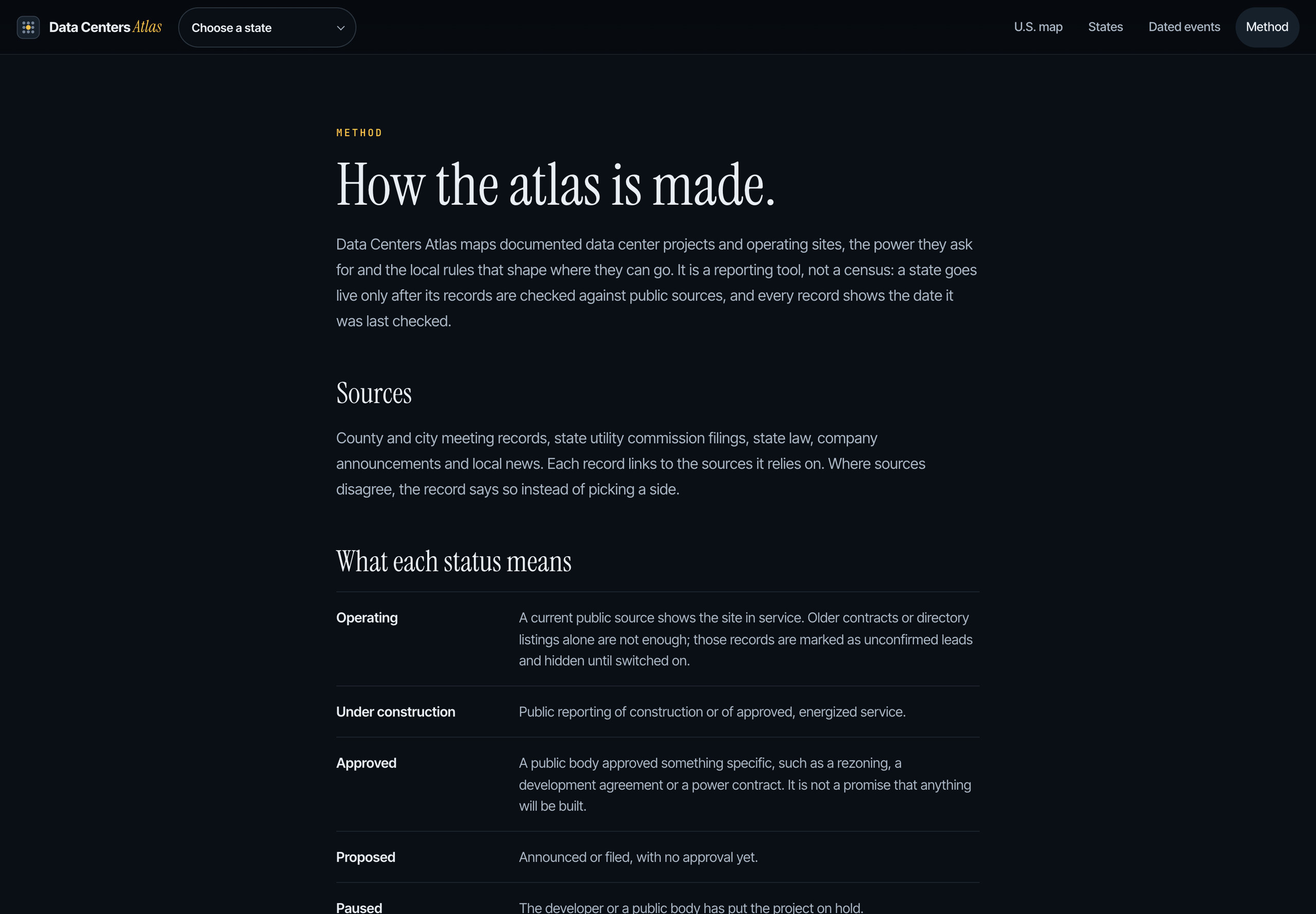 Data Centers Atlas method page: how status, location and sources are treated