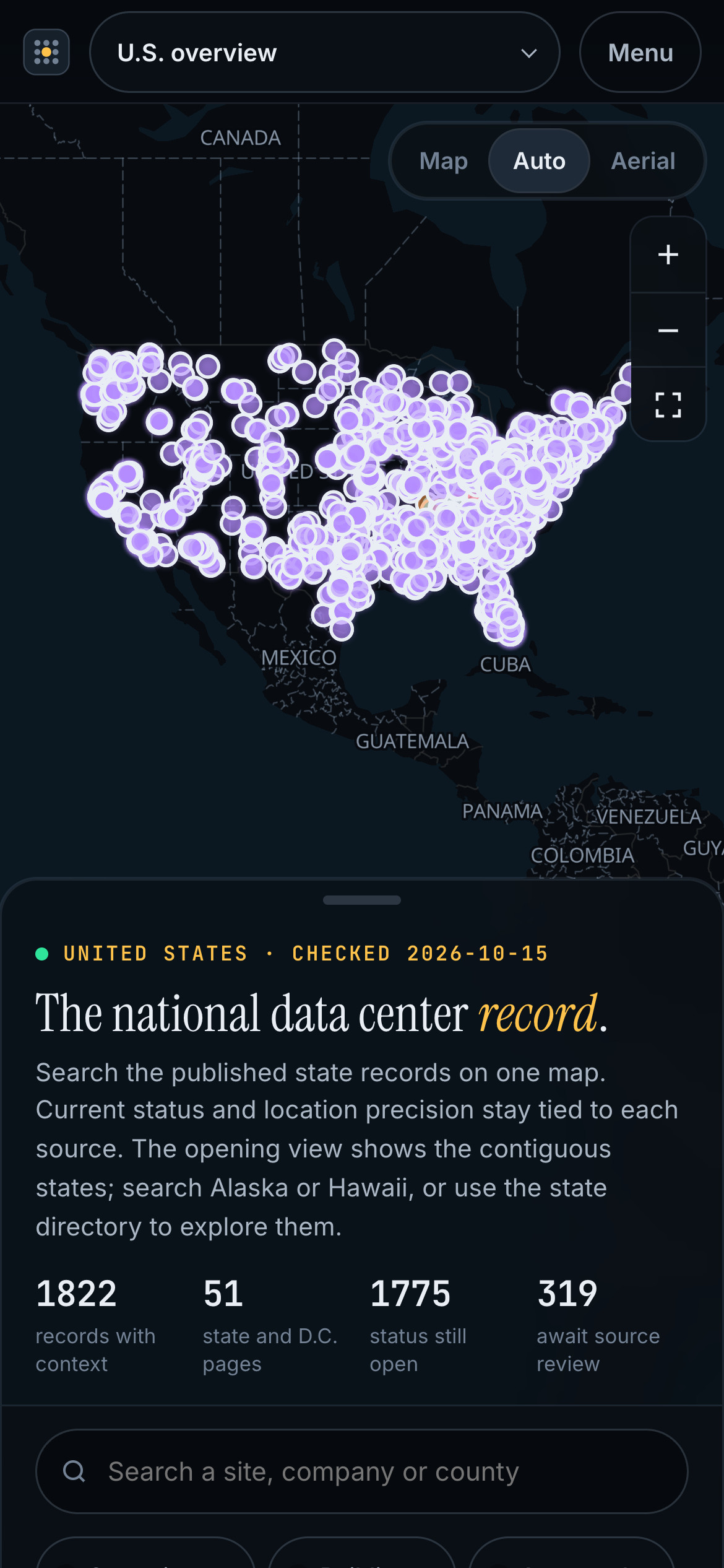 Data Centers Atlas national map with the record sheet on a phone