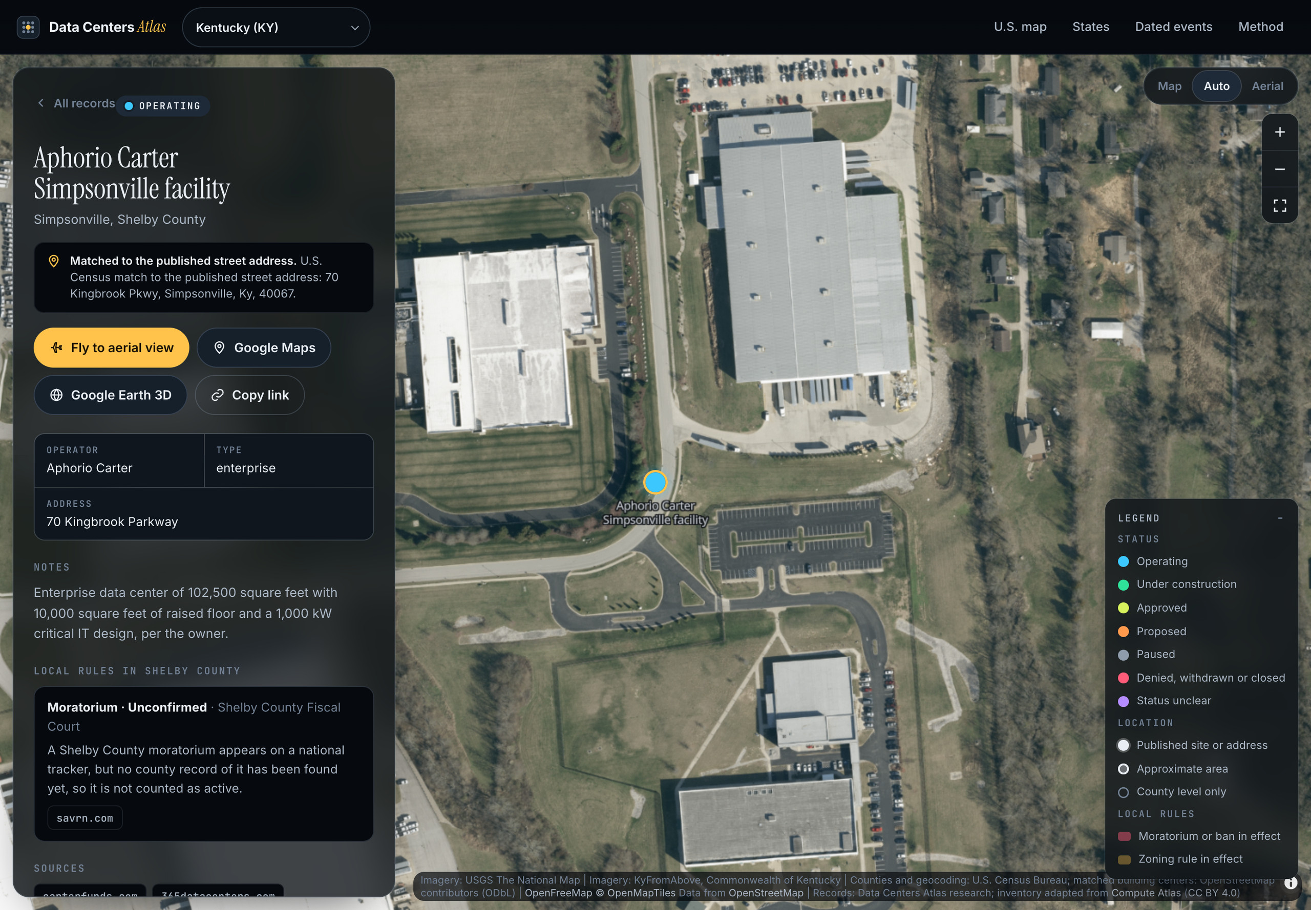 Data Centers Atlas record detail over aerial imagery: location basis, sources, local rules and the map legend