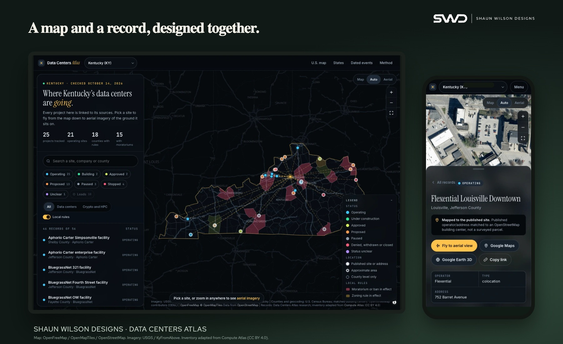 Data Centers Atlas Kentucky map with its record list on desktop and a record sheet on a phone