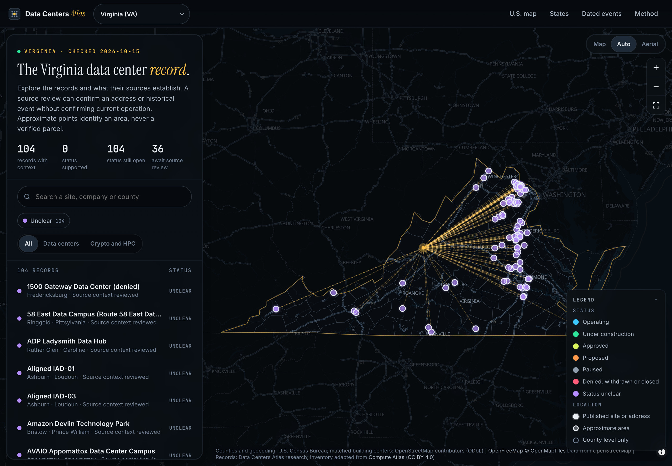 Data Centers Atlas Virginia state edition with its map and record list