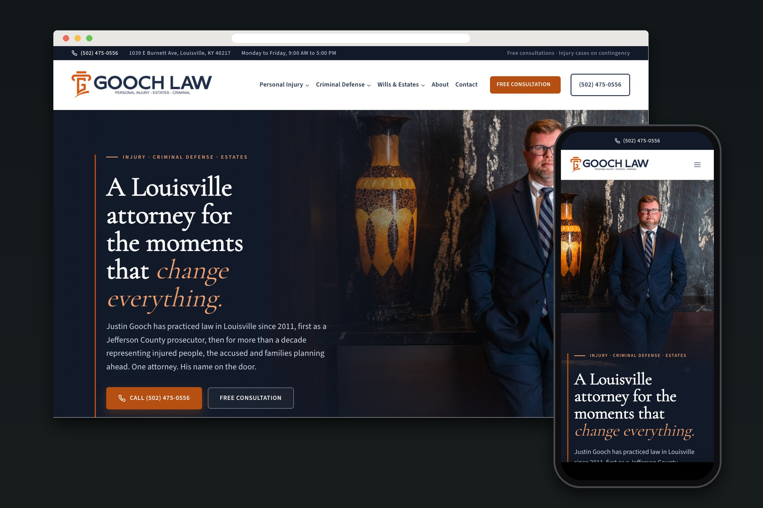 Gooch Law website on a desktop browser and a phone, by Shaun Wilson Designs