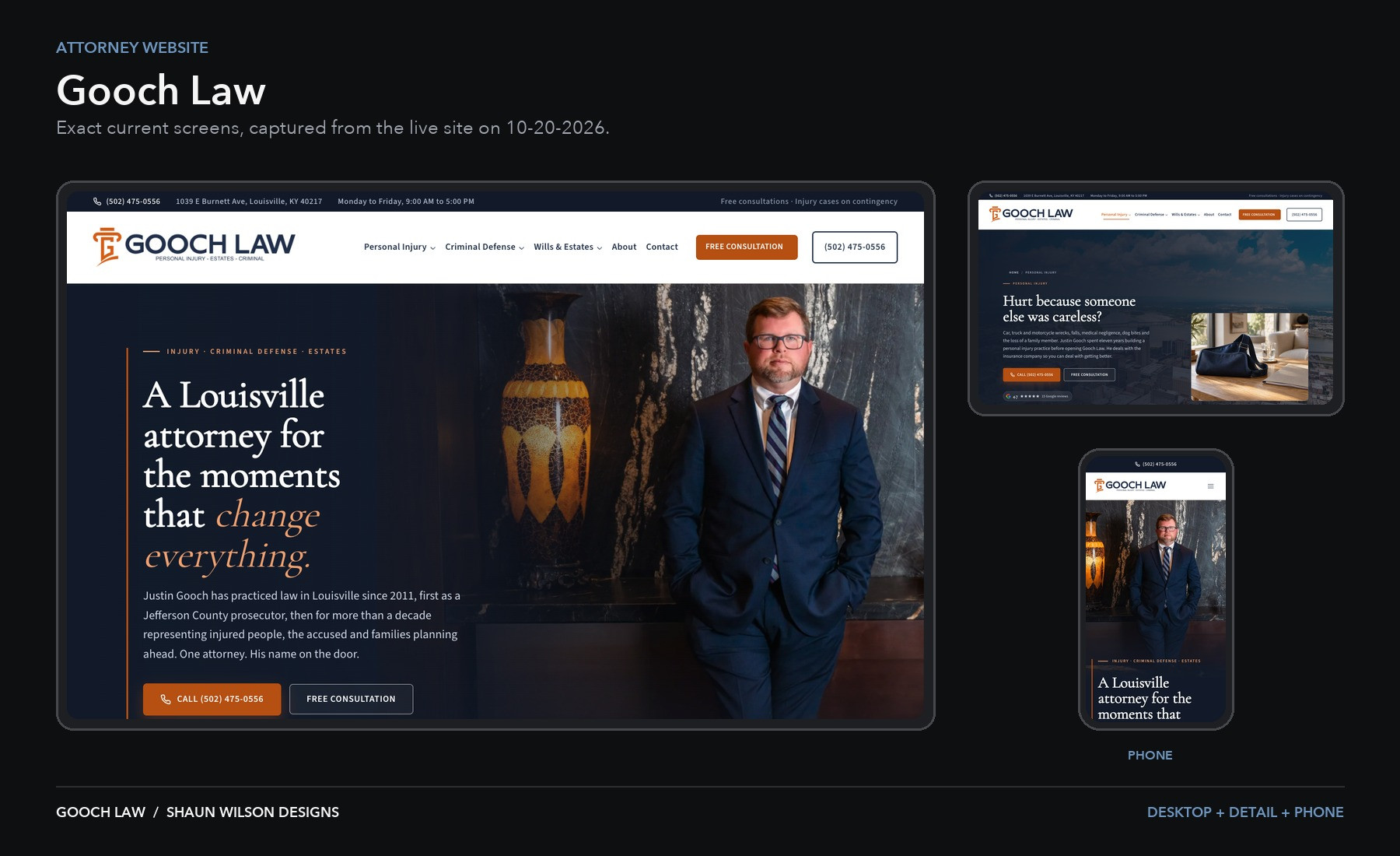 Gooch Law website on desktop, a detail page and a phone, captured 10-20-2026
