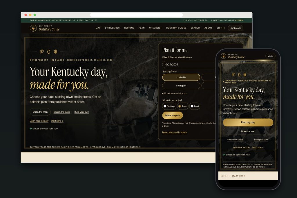 Kentucky Distillery Guide website on a desktop browser and a phone, by Shaun Wilson Designs