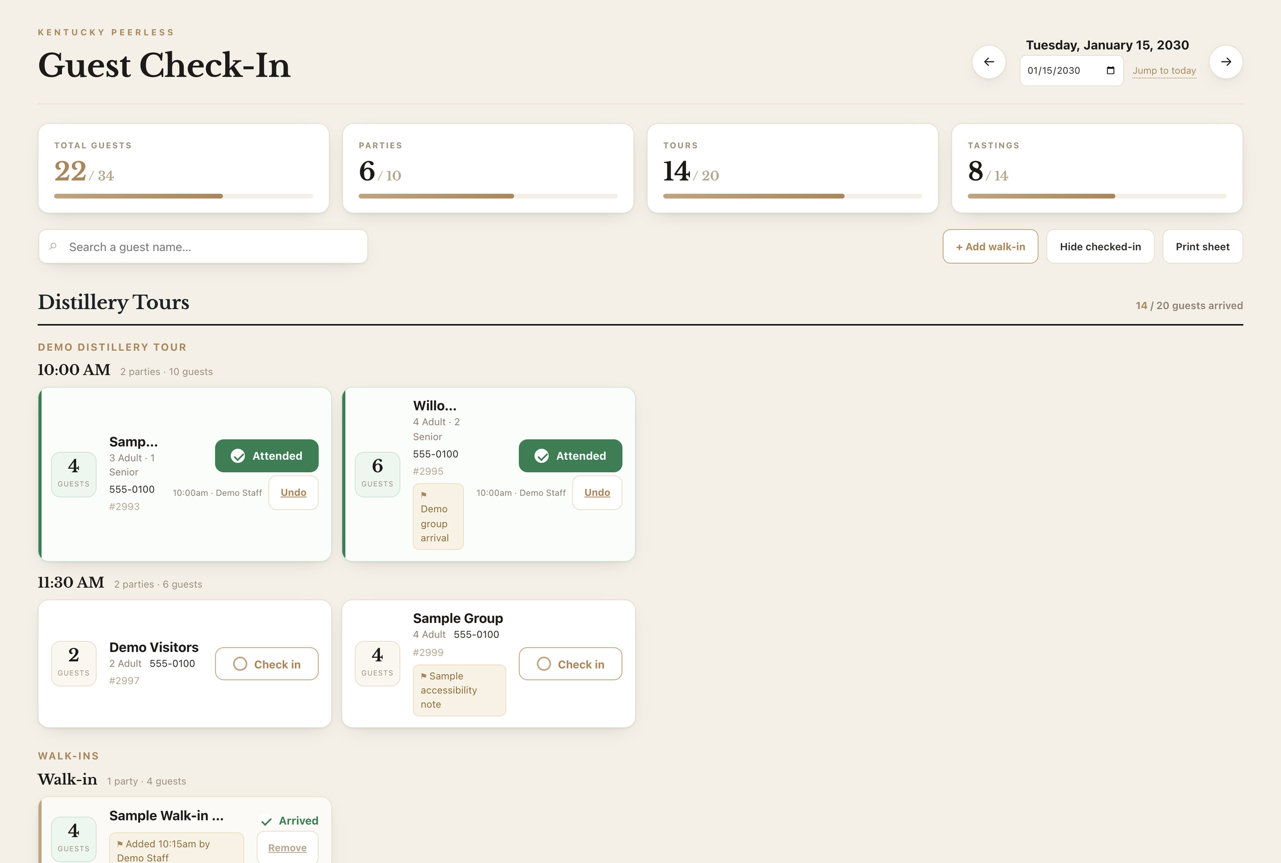 Guest check-in board with sample data