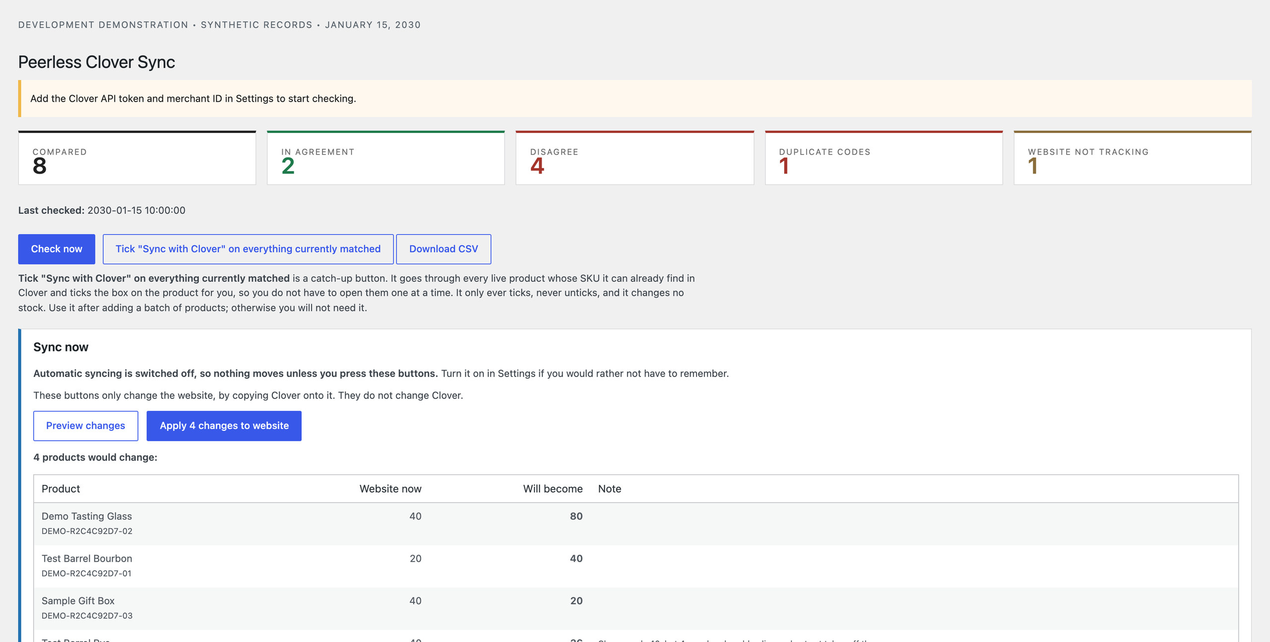 Clover inventory workspace with sample data