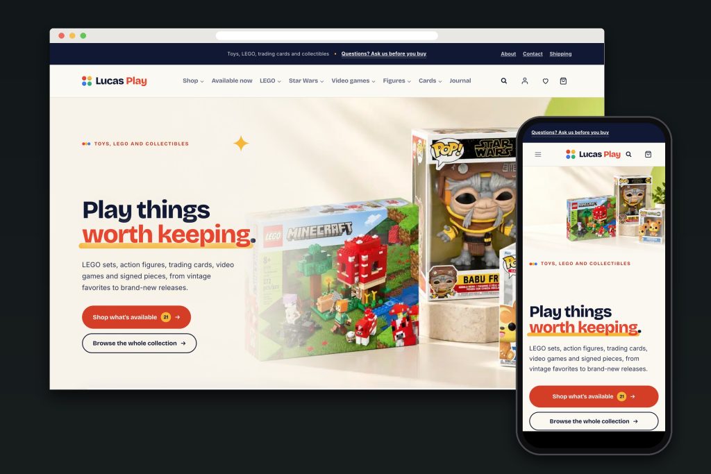 Lucas Play toy and collectibles store website on a desktop browser and a phone, by Shaun Wilson Designs