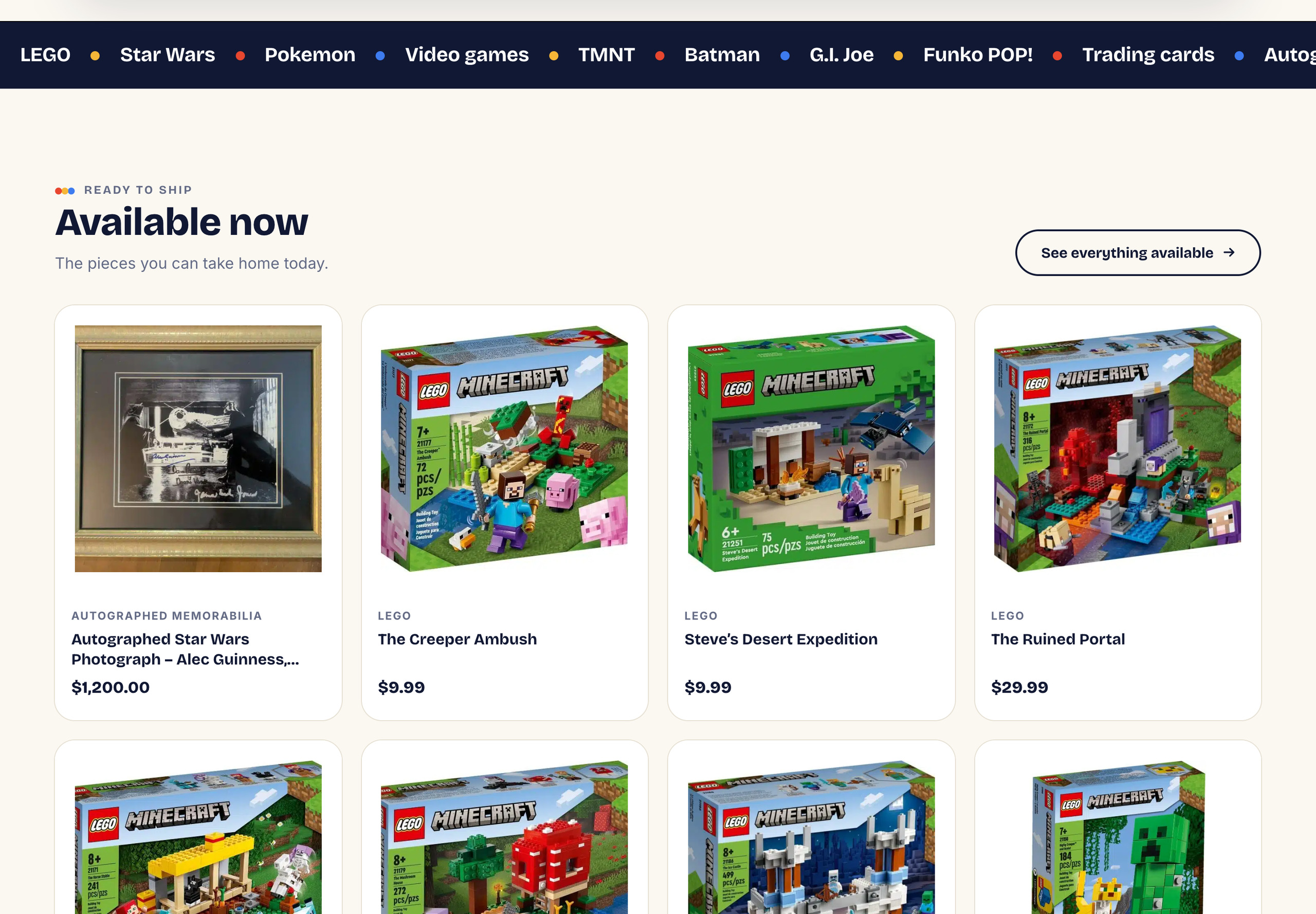 Lucas Play homepage Available now row with prices and the collection ticker