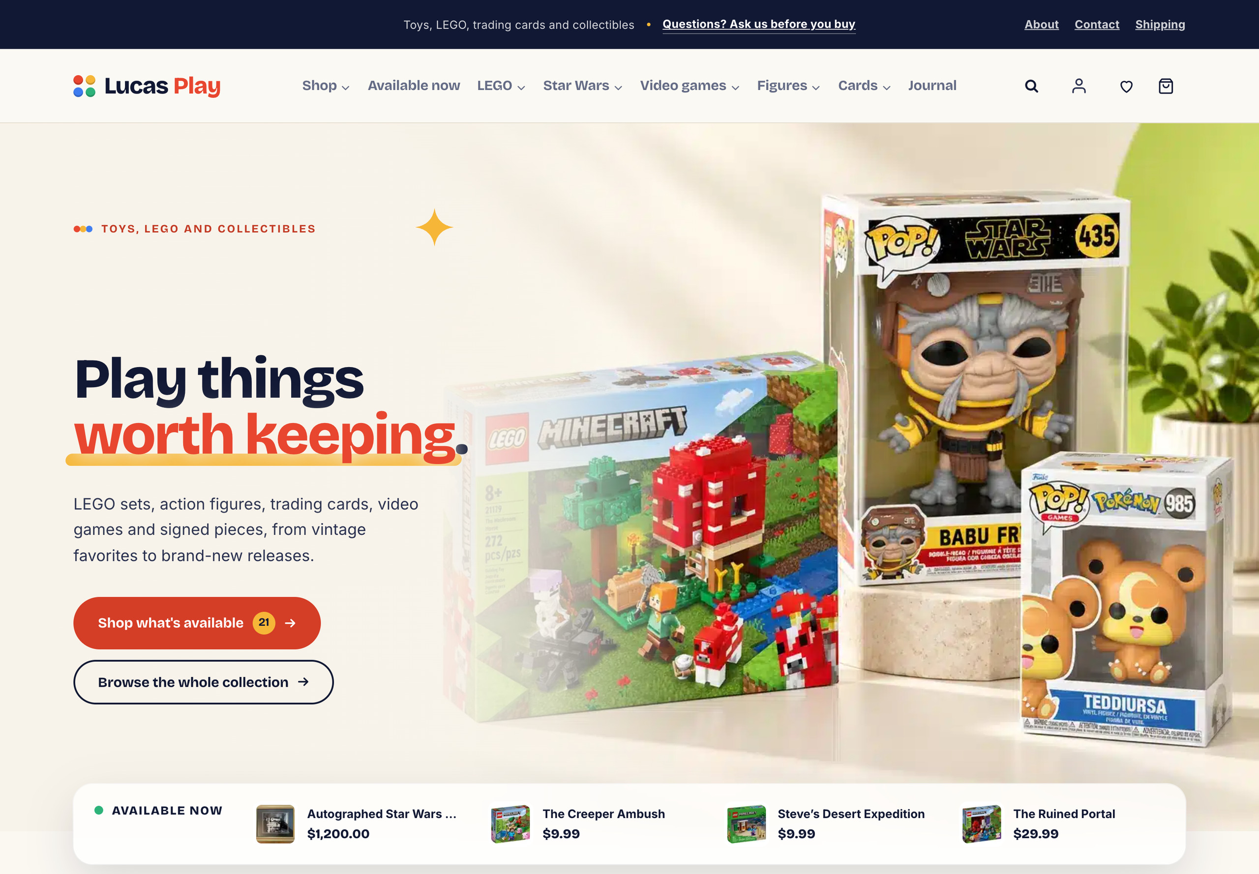 Lucas Play homepage at 1440 pixels: Play things worth keeping, with LEGO Minecraft and Funko POP boxes