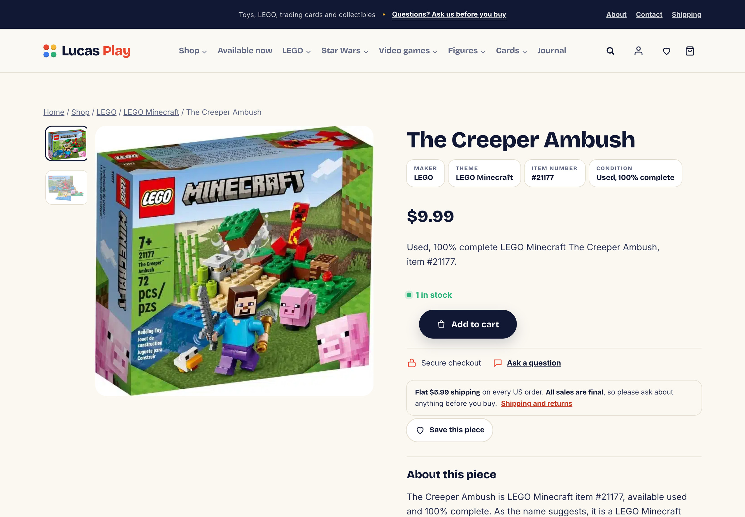 Lucas Play product page for LEGO Minecraft The Creeper Ambush with maker, theme, item number and condition