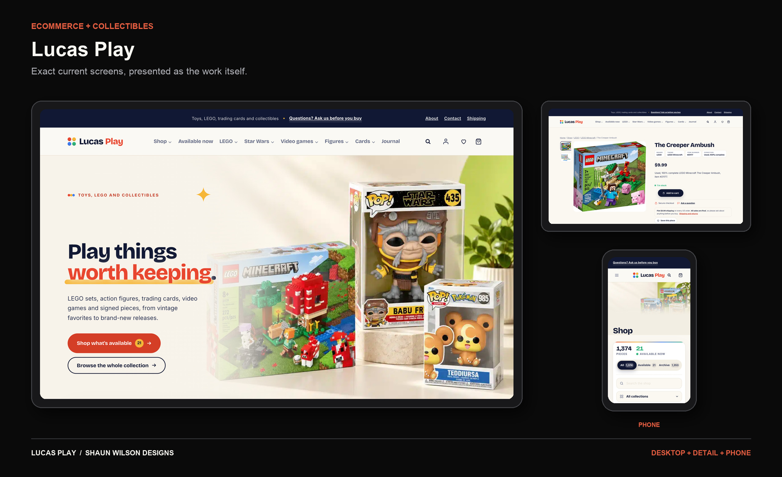 Lucas Play toy and collectibles store on desktop, product page and phone, hosted by Shaun Wilson Designs