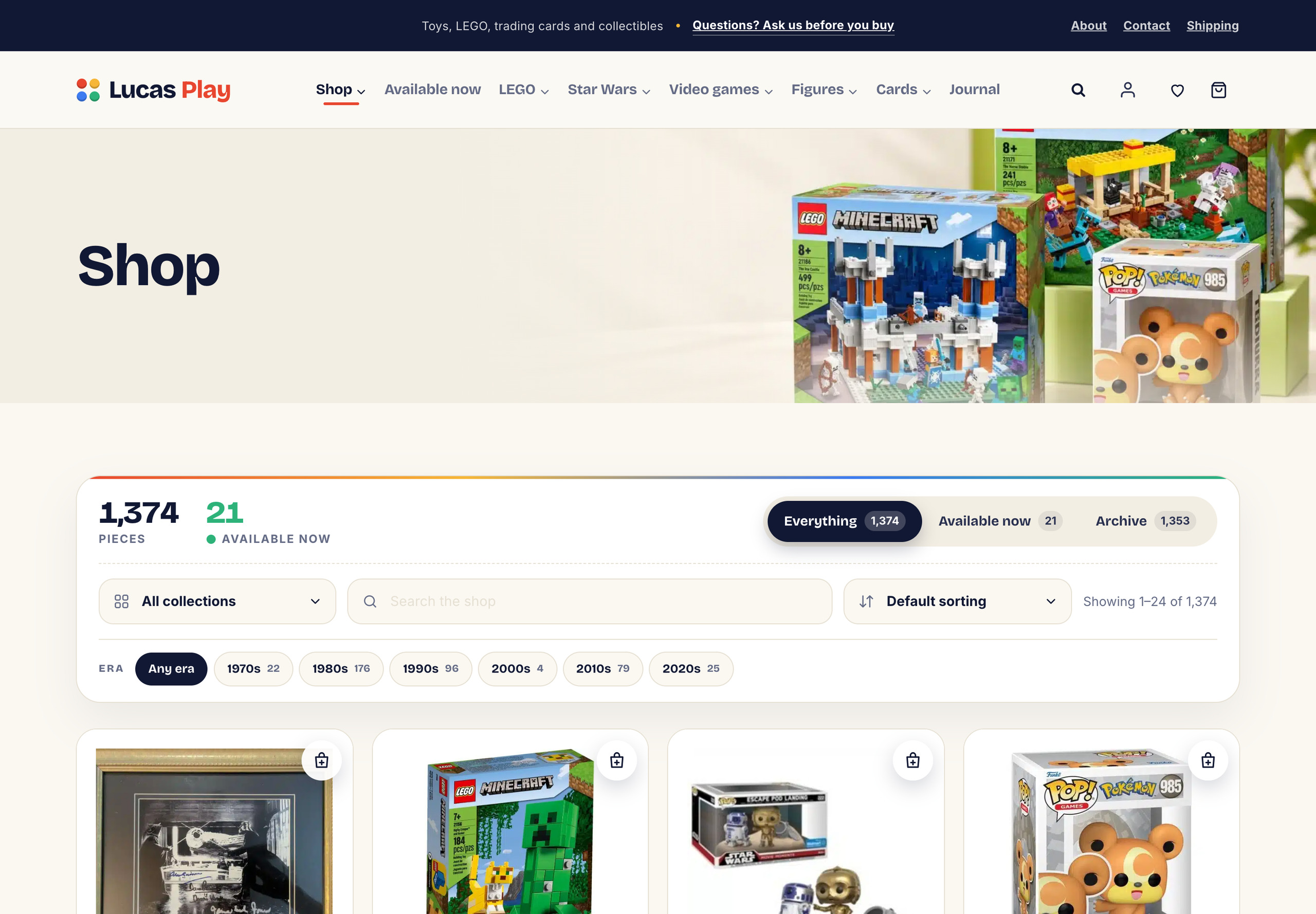Lucas Play shop page at launch showing 1,374 pieces with availability and era filters, built by Shaun Wilson Designs
