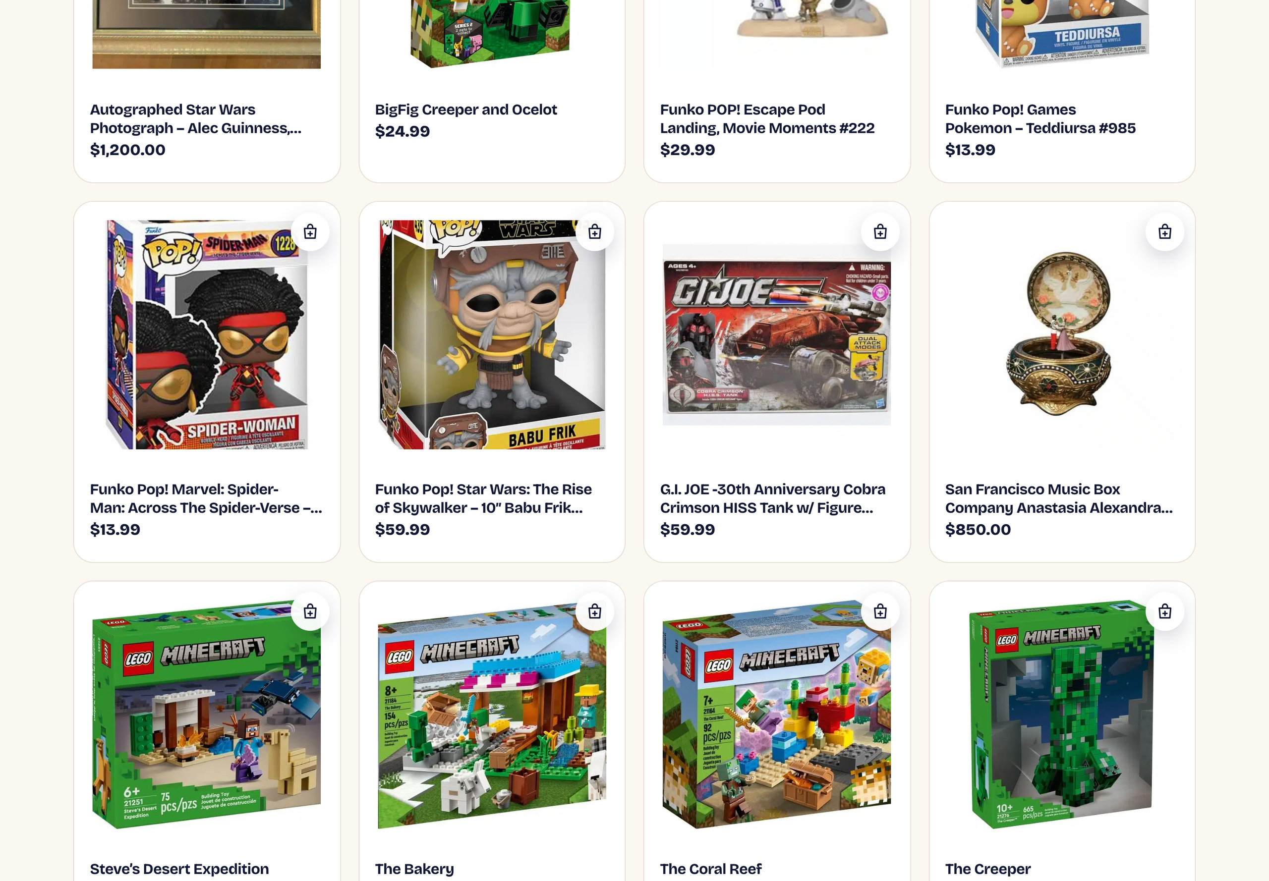 Lucas Play product grid with LEGO sets, Funko POP figures and G.I. Joe vehicles