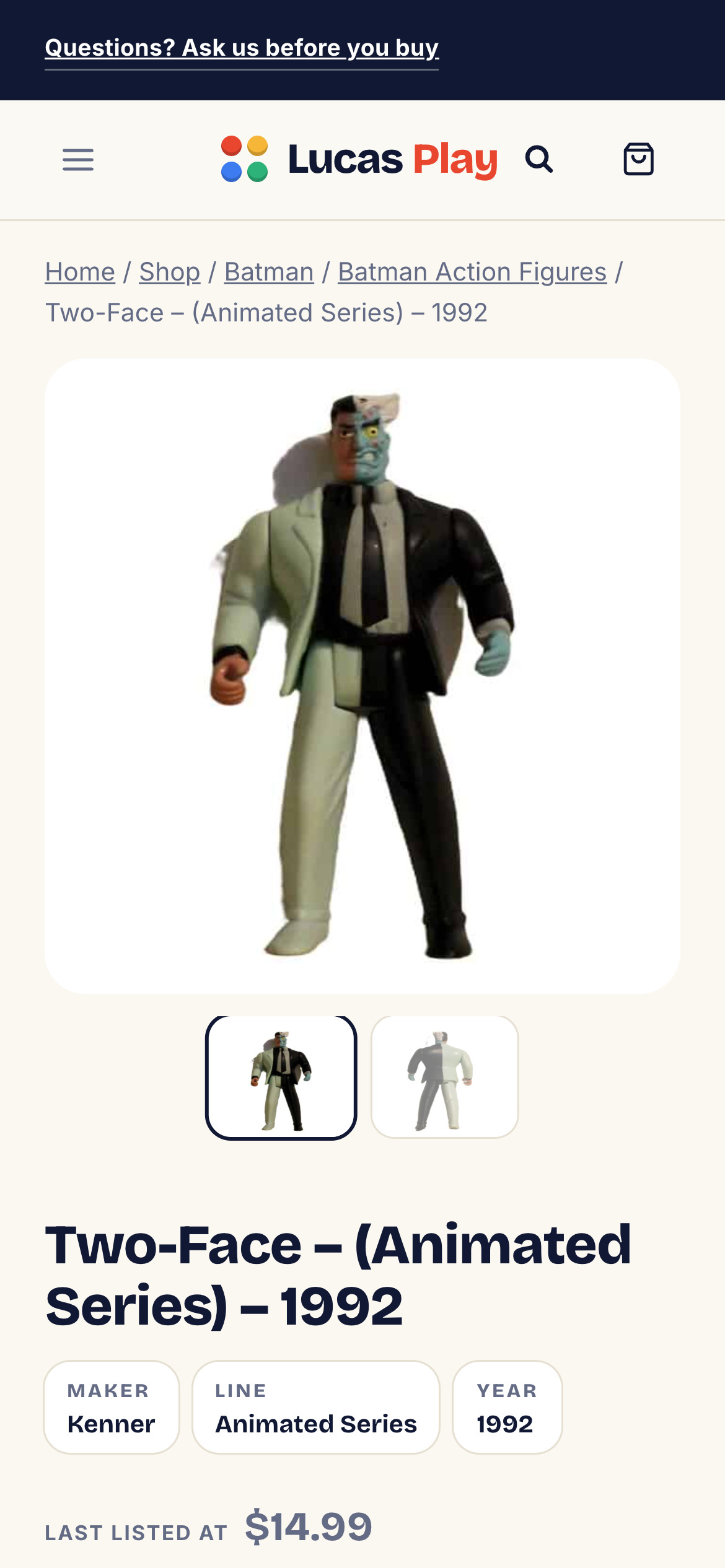 Lucas Play sold vintage Two-Face figure on a phone, kept in the collection archive