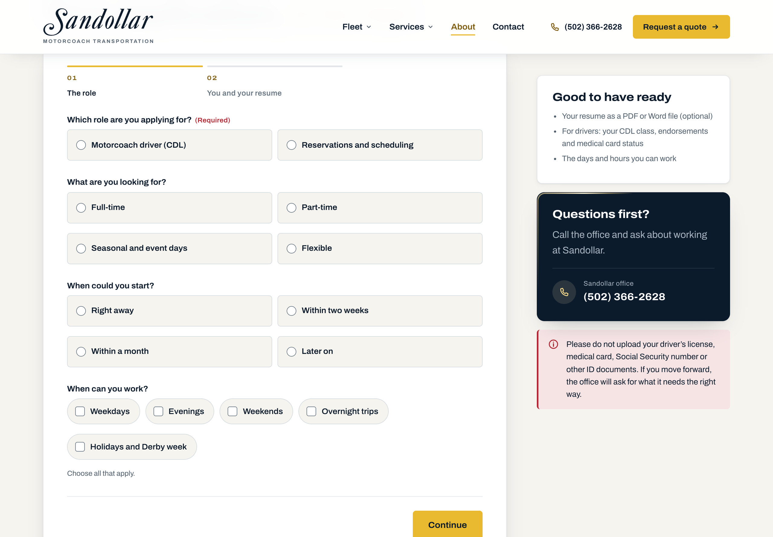 Blank Sandollar careers application showing role and availability questions.