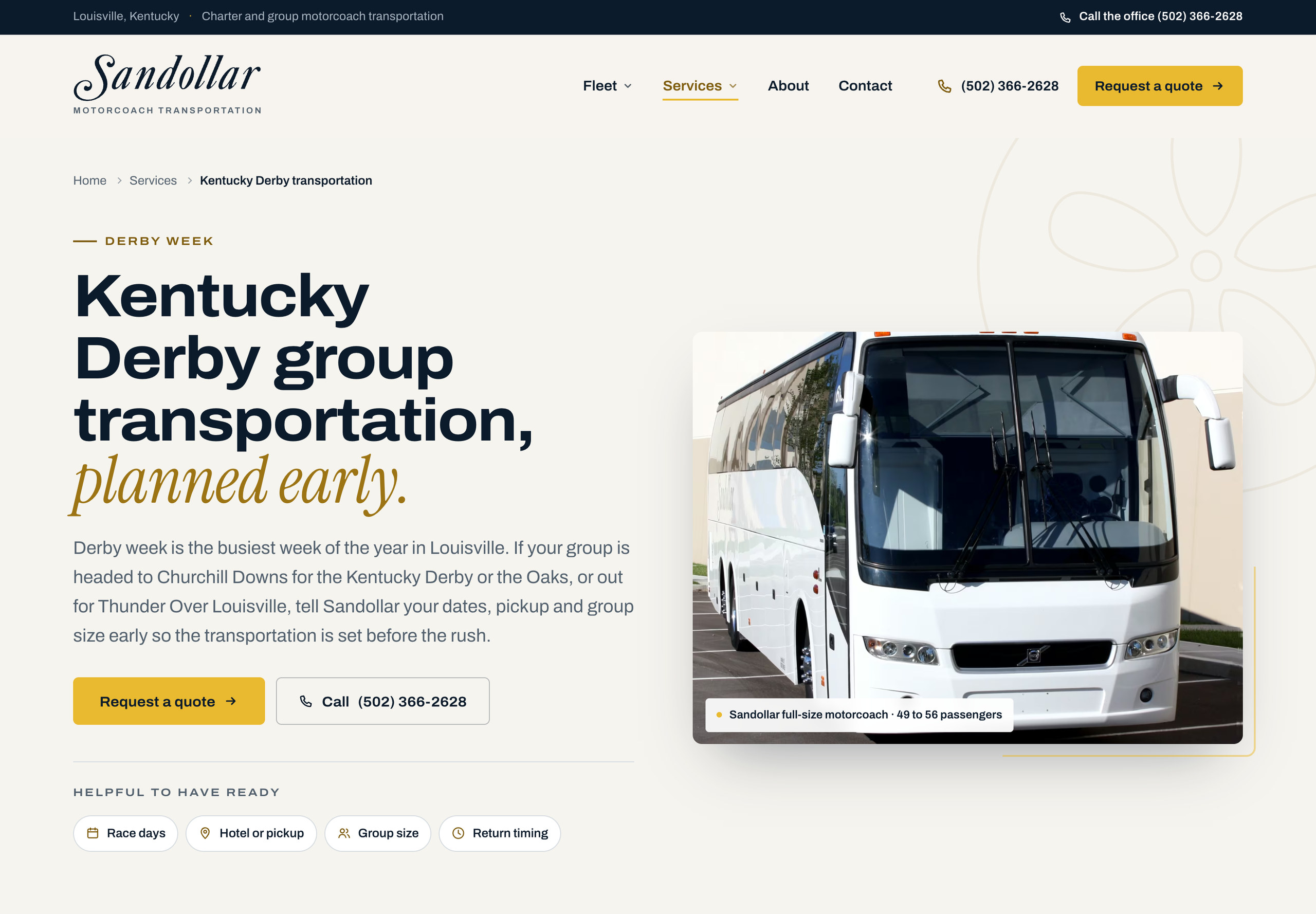 Sandollar Kentucky Derby transportation page showing trip planning content and a coach.
