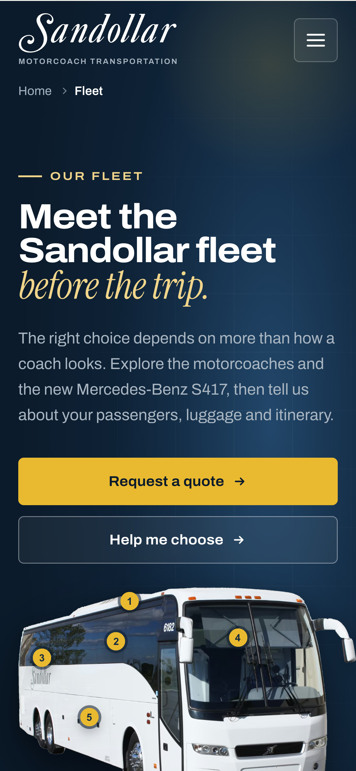 Sandollar fleet page in a phone viewport with quote actions and coach feature points.