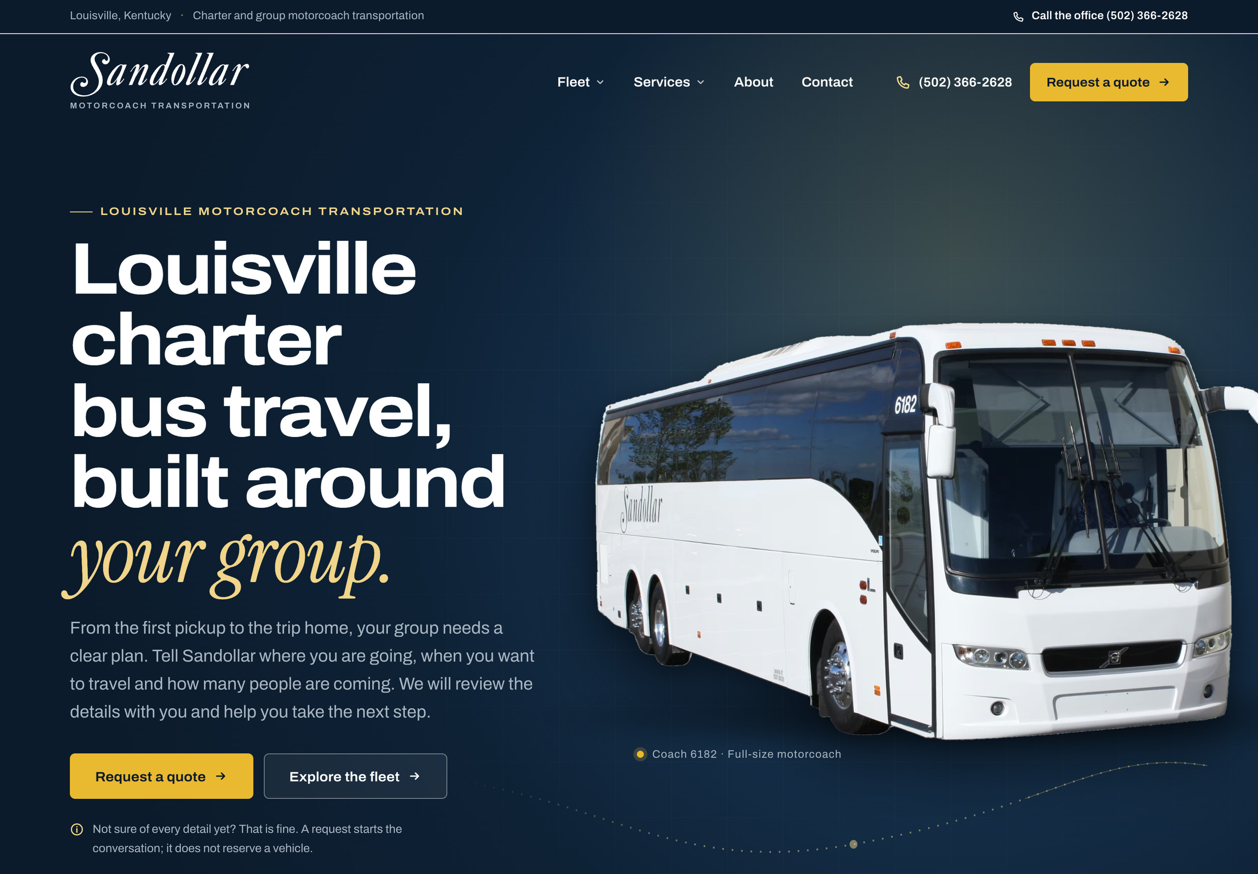 Sandollar homepage on desktop, showing the navy motorcoach showroom and quote actions.