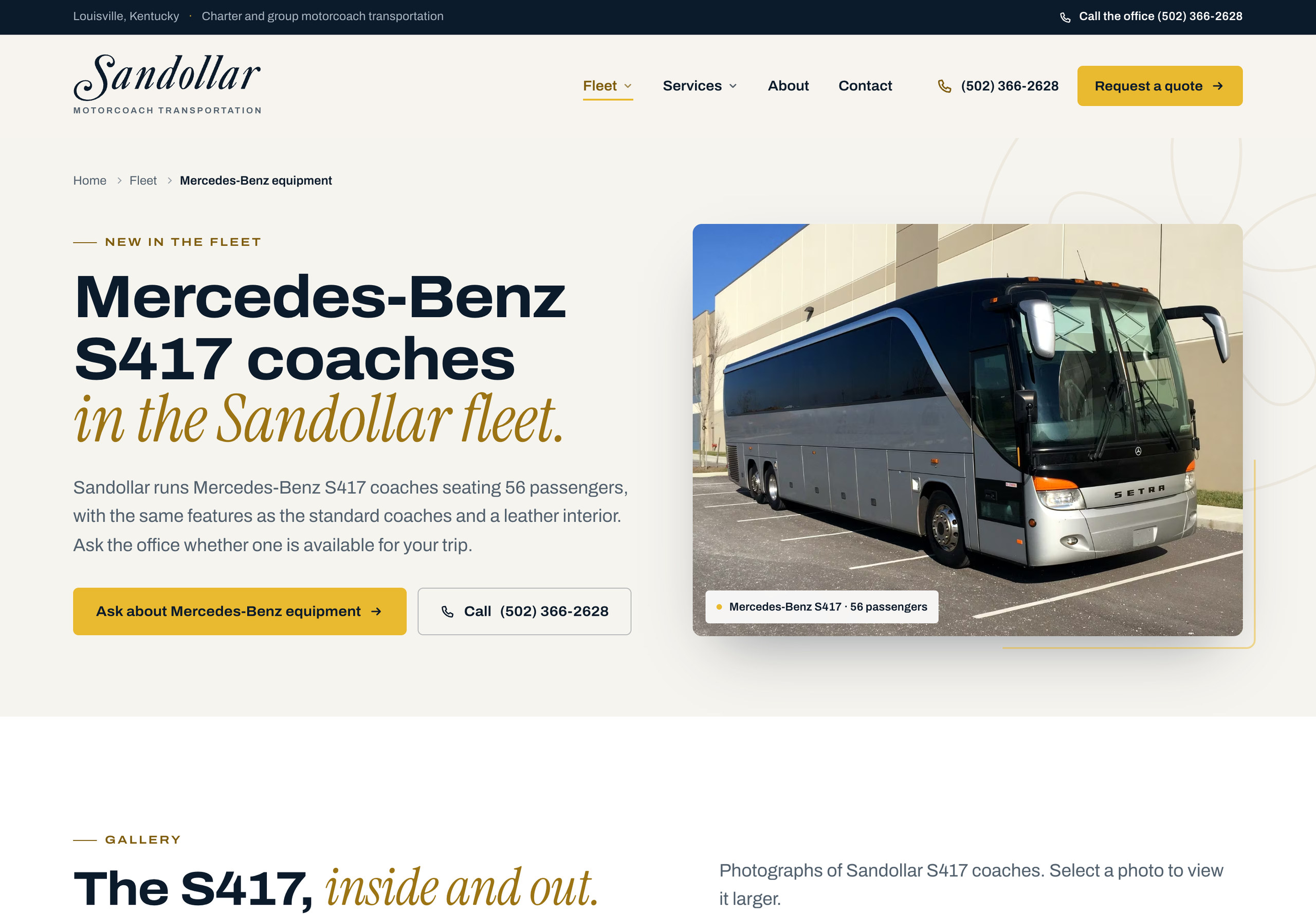 Sandollar Mercedes-Benz S417 page with company coach imagery and a fleet introduction.