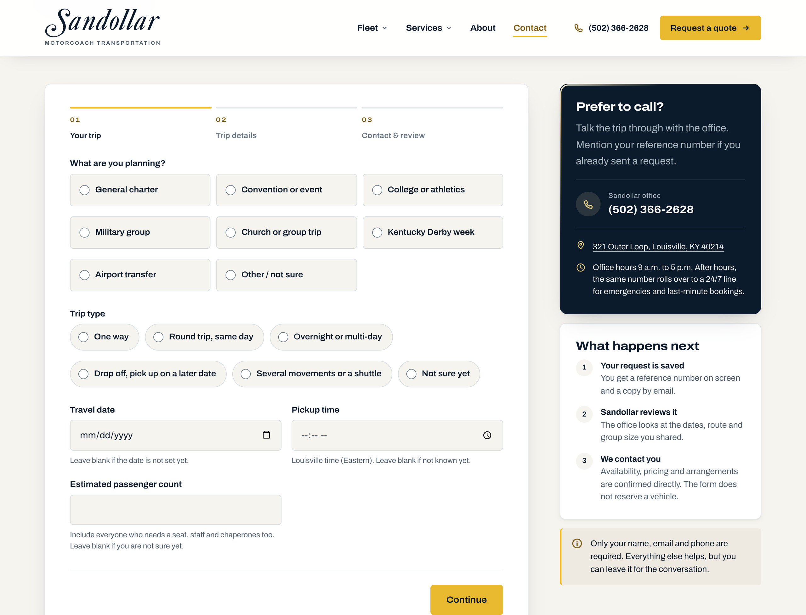 Blank Sandollar trip request form on desktop with trip choices and contact information alongside.