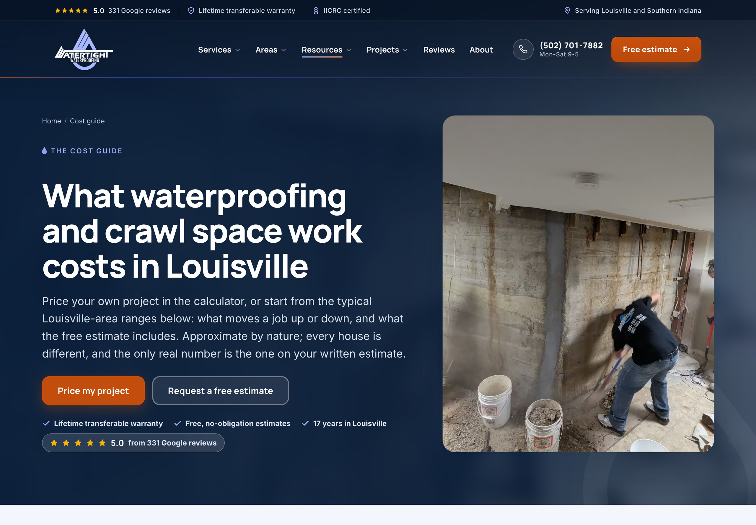 Watertight Waterproofing cost guide and planning calculator for Louisville waterproofing and crawl space work