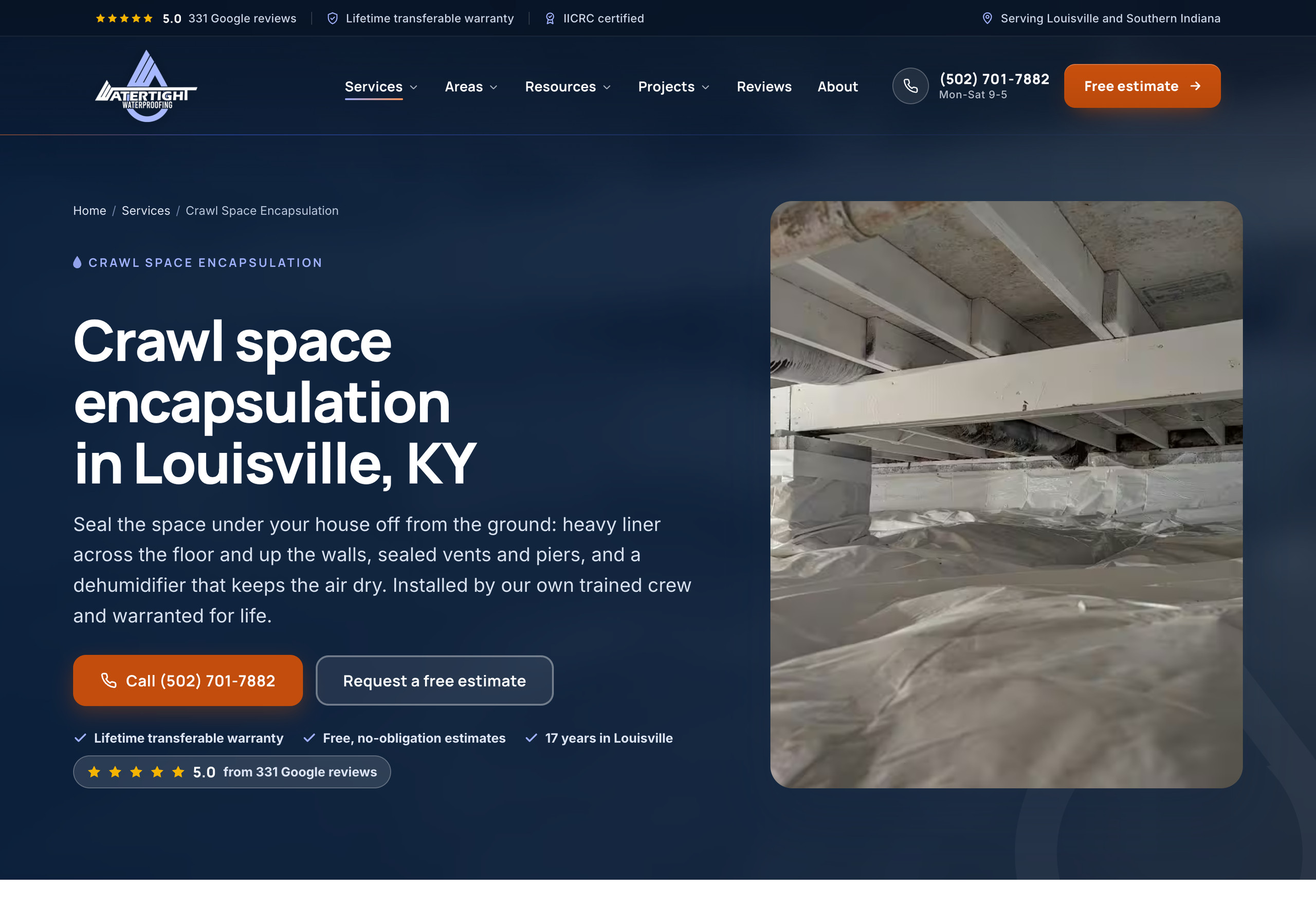 Watertight Waterproofing crawl space encapsulation service page for Louisville, KY
