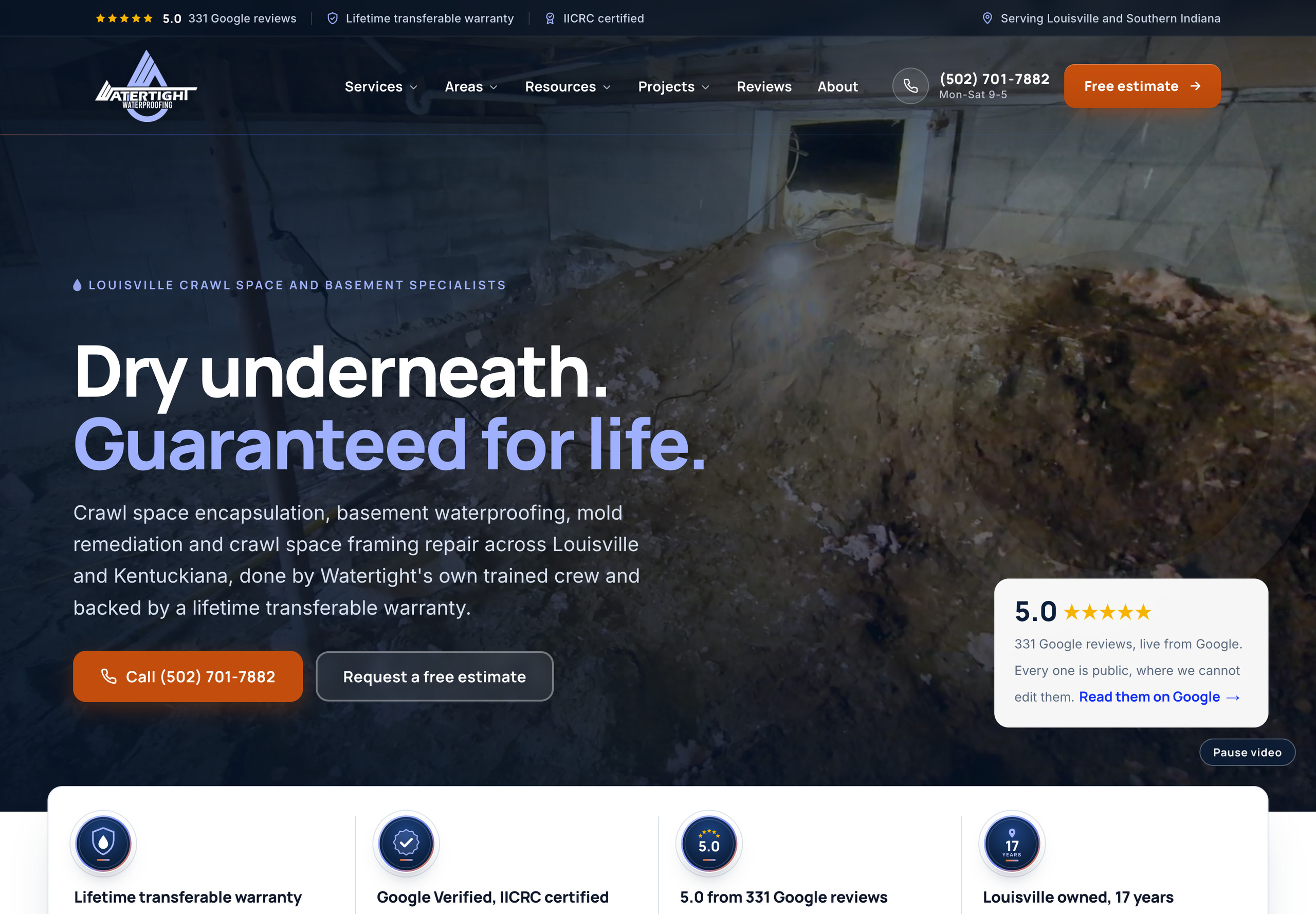 Watertight Waterproofing homepage at 1440 pixels: Dry underneath, Guaranteed for life, with call and free estimate buttons and the live Google rating