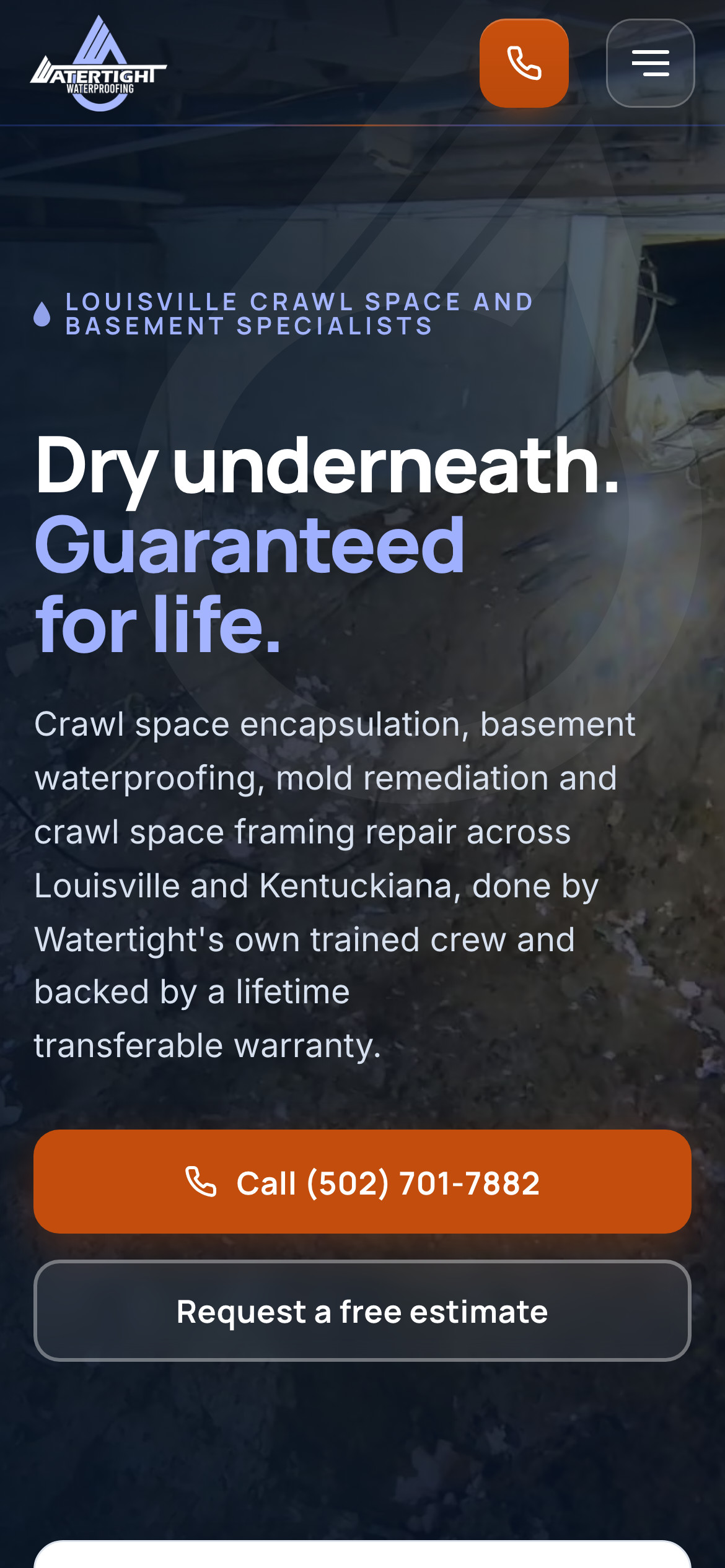 Watertight Waterproofing homepage on a 390-pixel phone