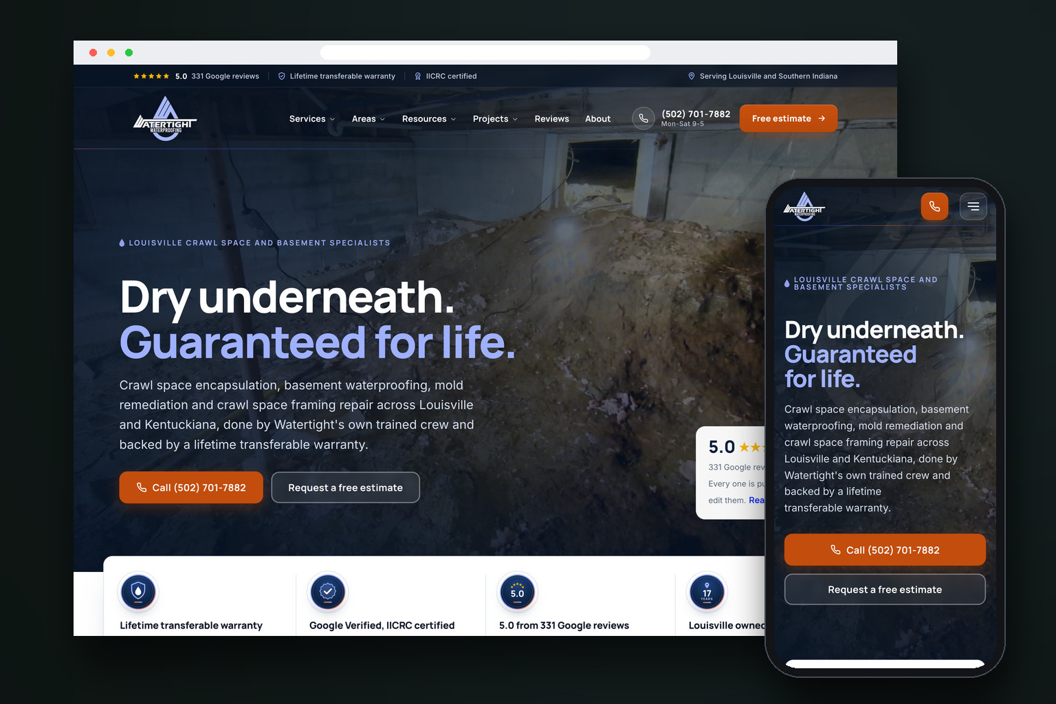WaterTight Waterproofing website on a desktop browser and a phone, by Shaun Wilson Designs