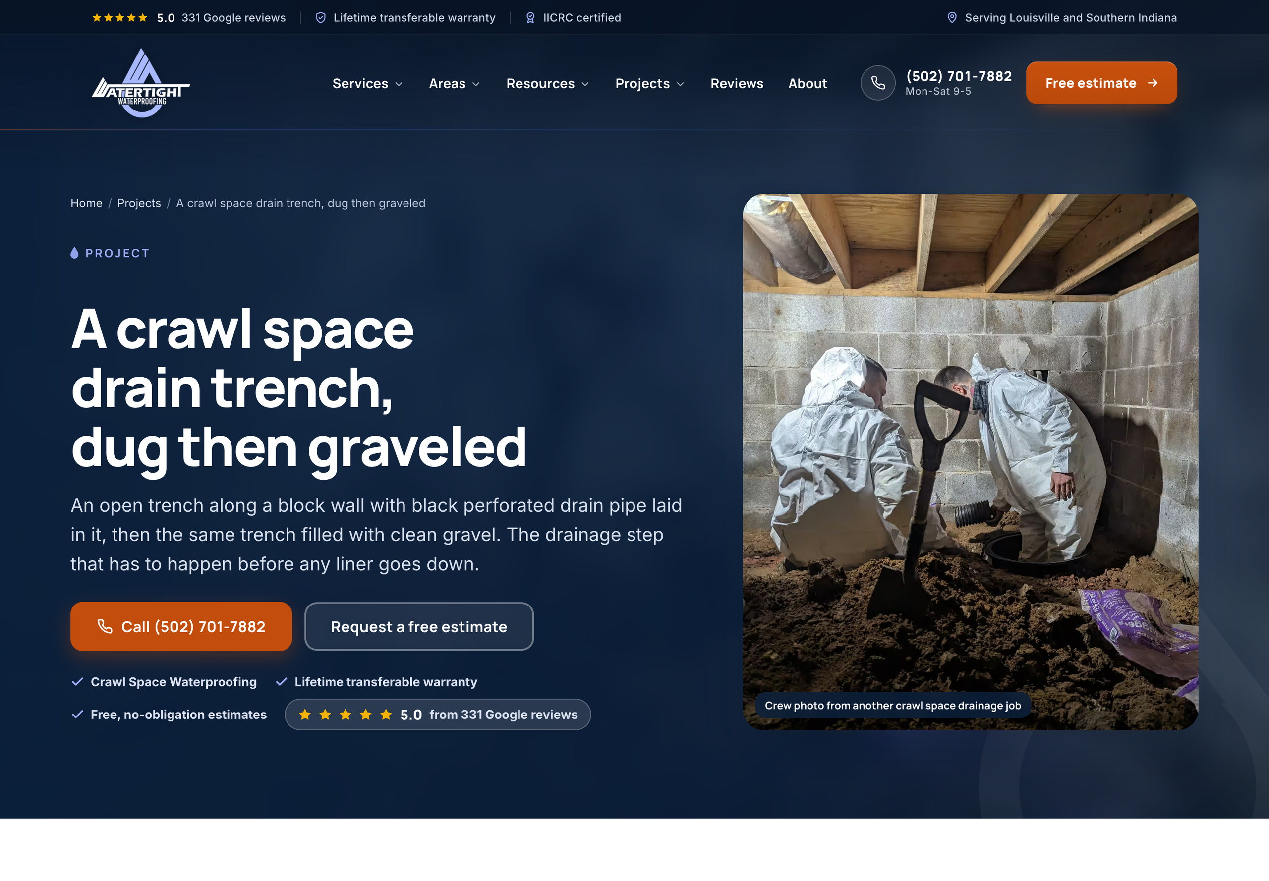 Watertight Waterproofing project story: a crawl space drain trench, dug then graveled
