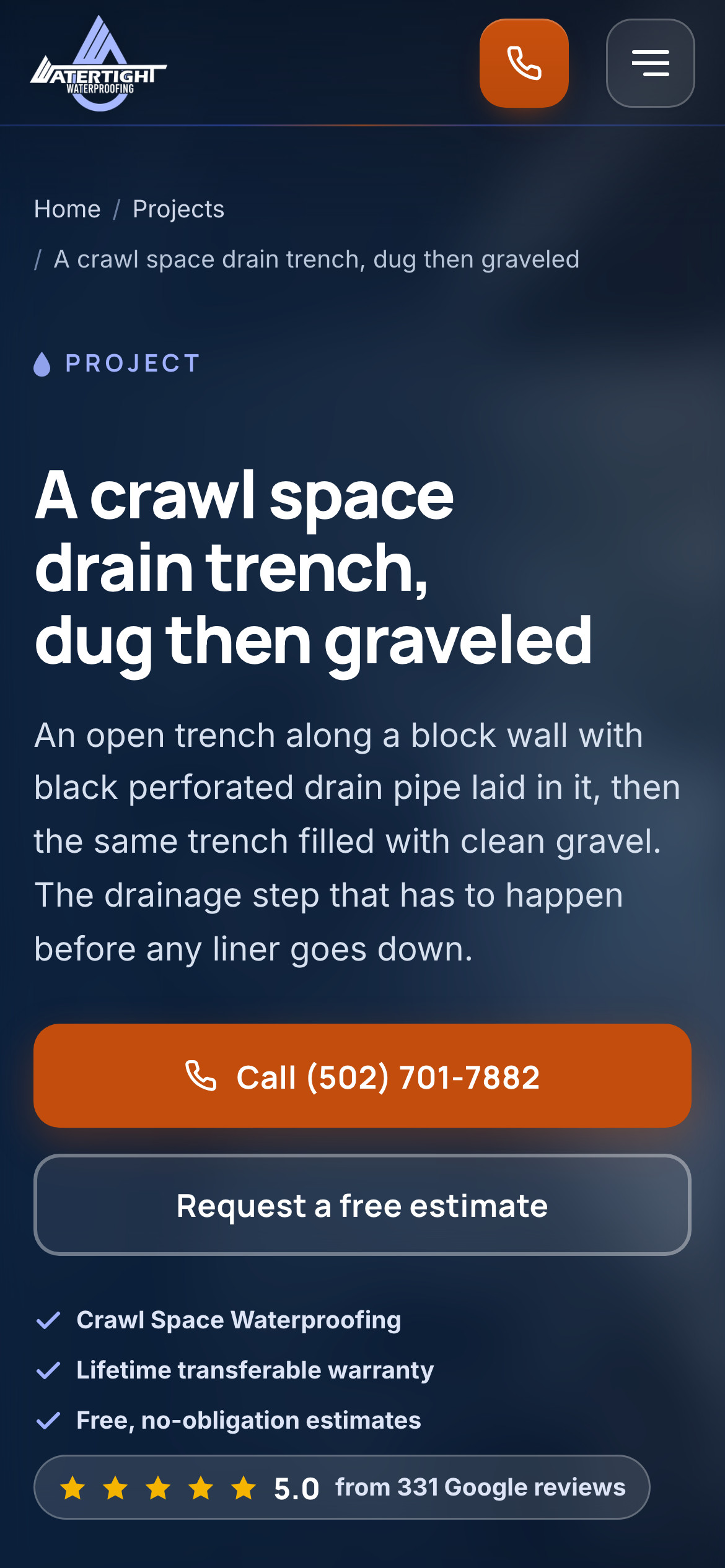 Watertight Waterproofing project story on a phone