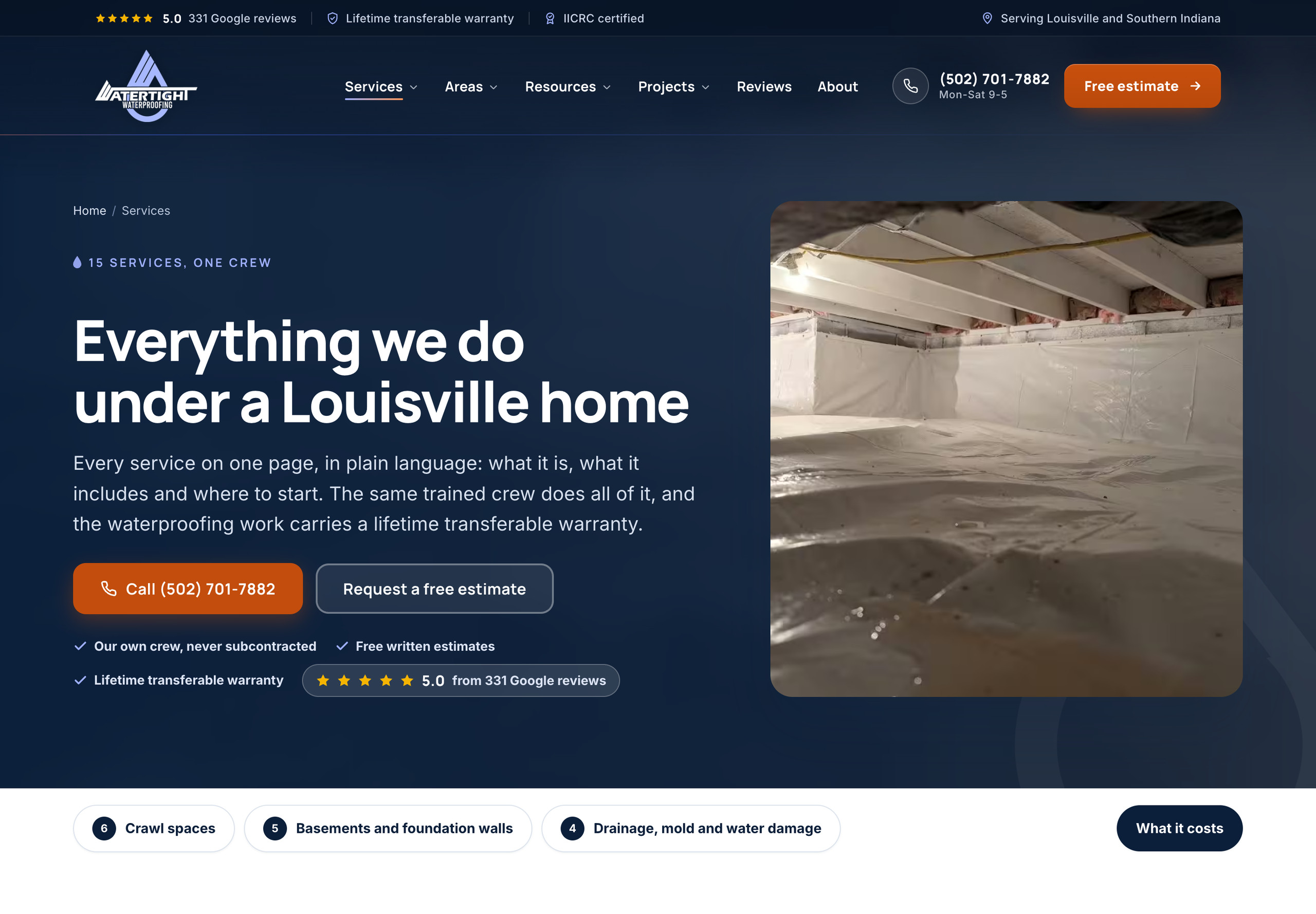 Watertight Waterproofing services hub: Everything we do under a Louisville home, 15 services, one crew