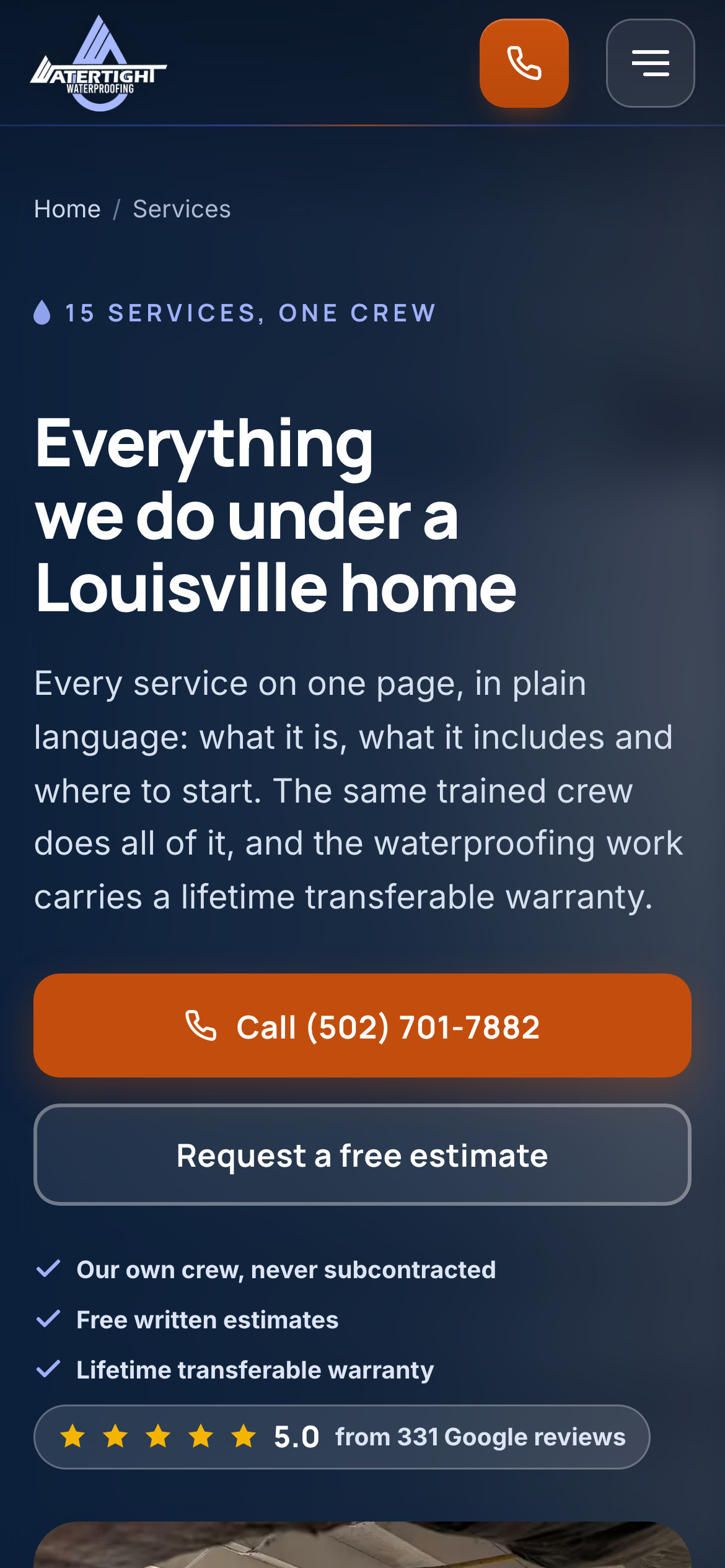 Watertight Waterproofing services hub on a phone