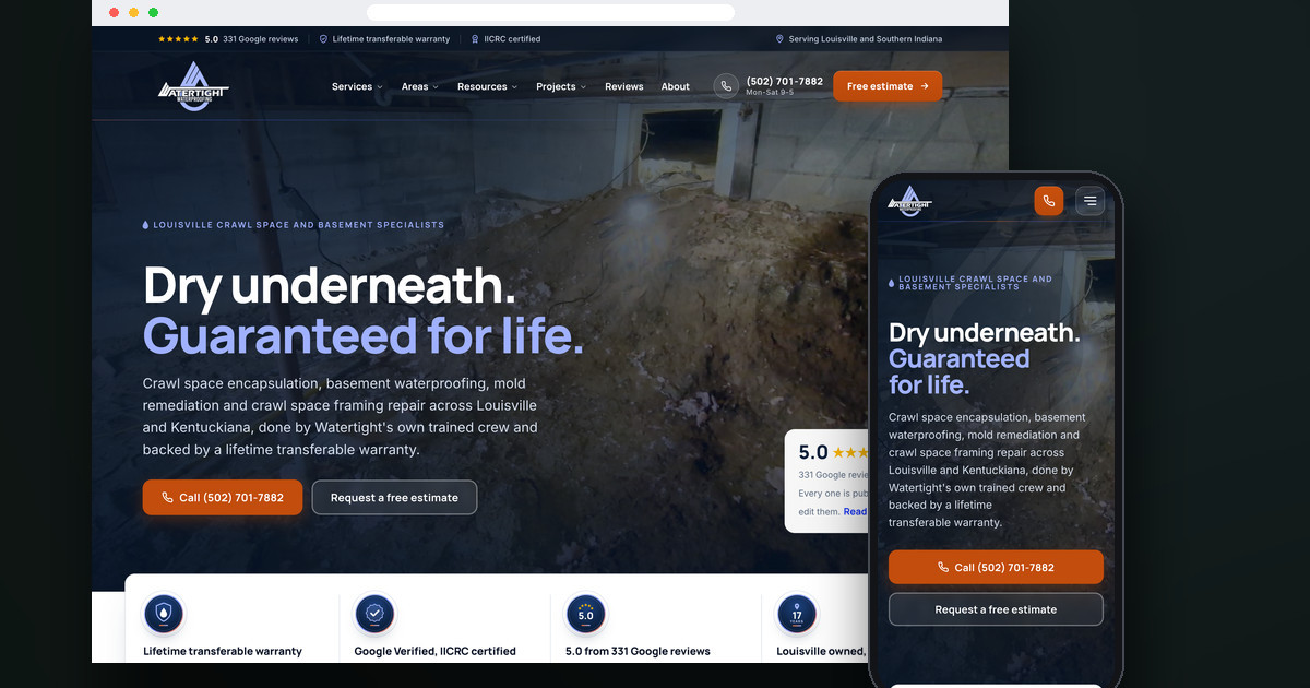 Watertight Waterproofing website on desktop and phone, by Shaun Wilson Designs