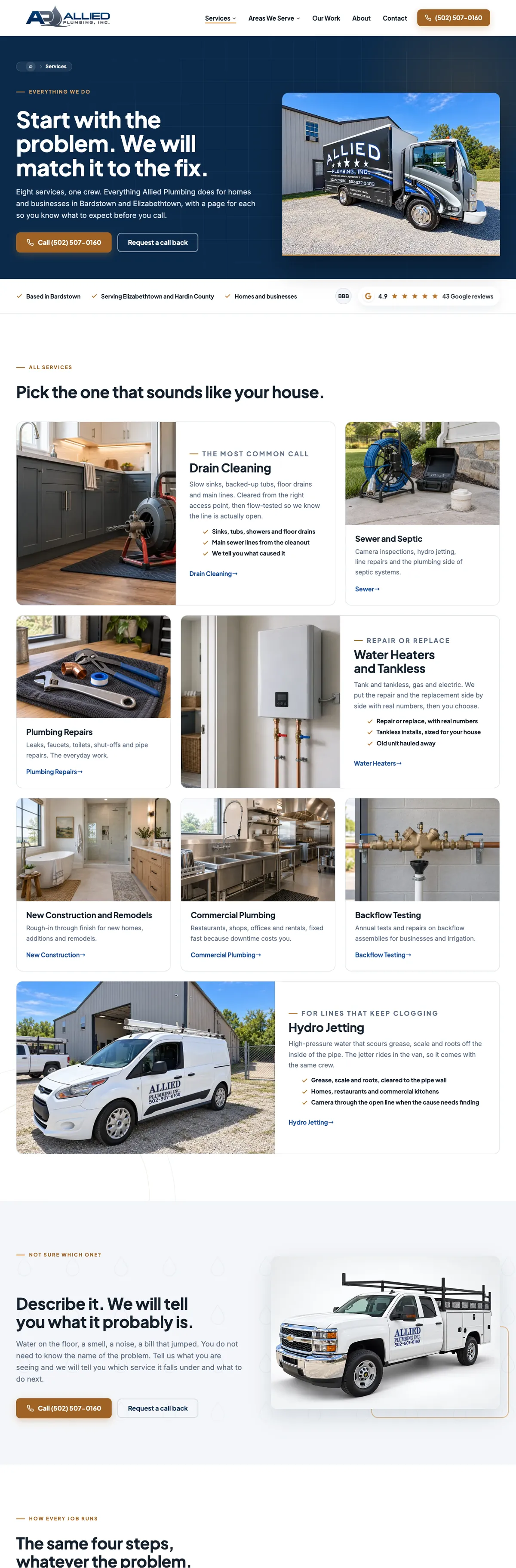 The Allied Plumbing: services website on a desk monitor