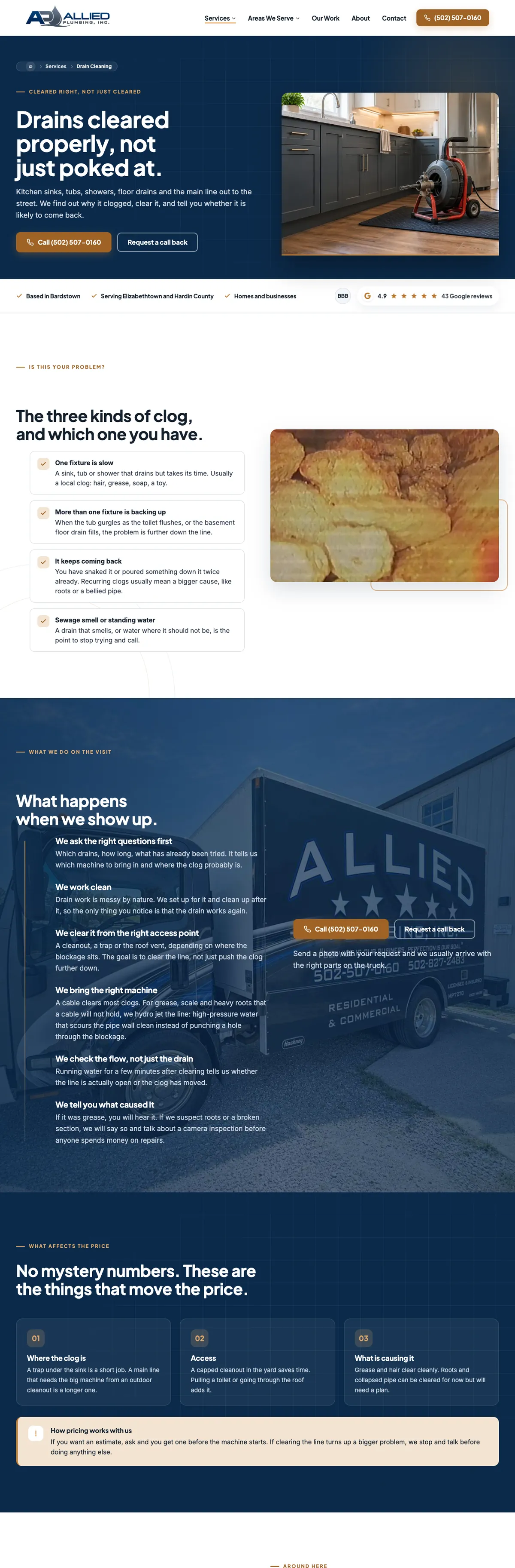 The Allied Plumbing: drain cleaning website on a desk monitor