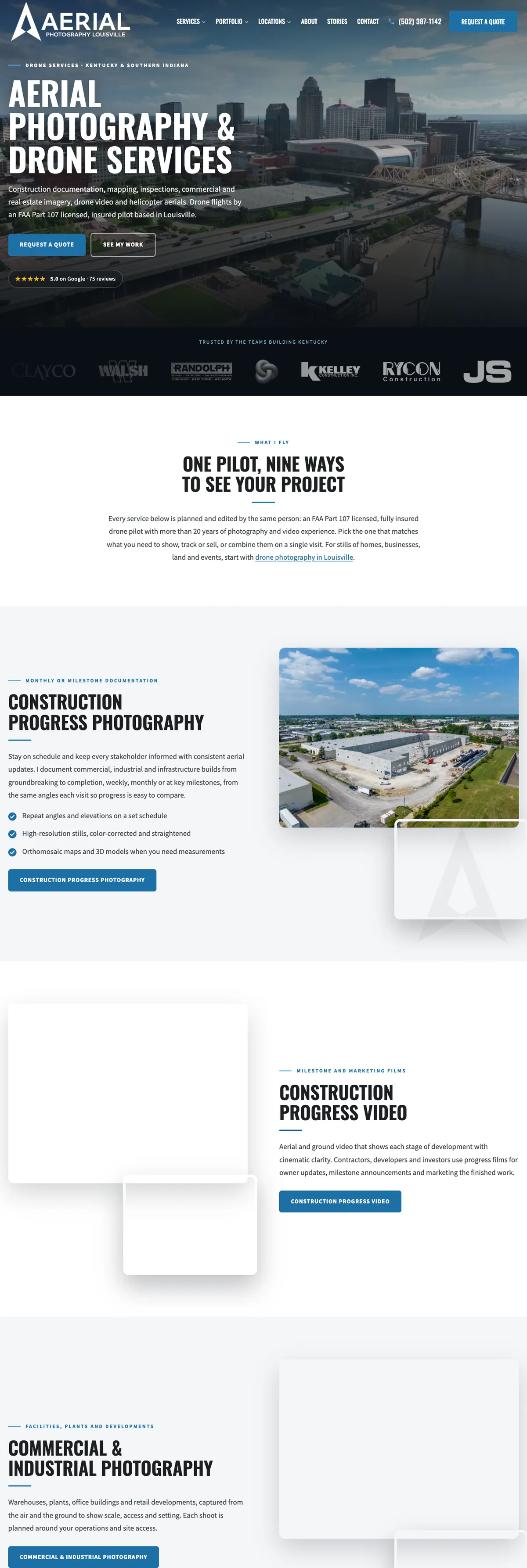 The Aerial Photography Louisville: services website on a desk monitor
