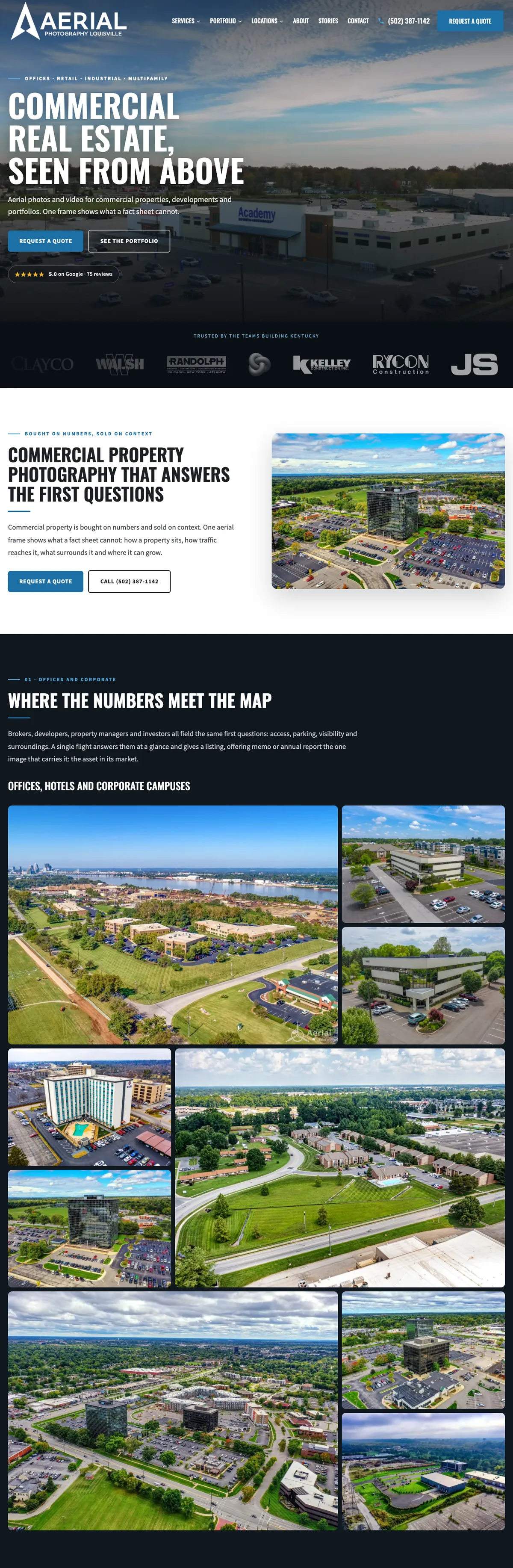 The Aerial Photography Louisville: commercial real estate website on a desk monitor