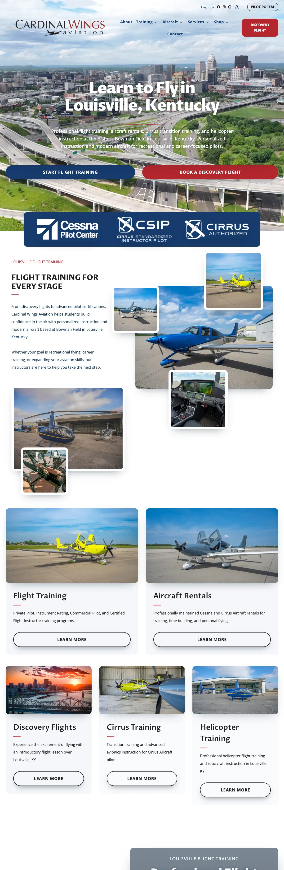 The Cardinal Wings Aviation website on a desk monitor