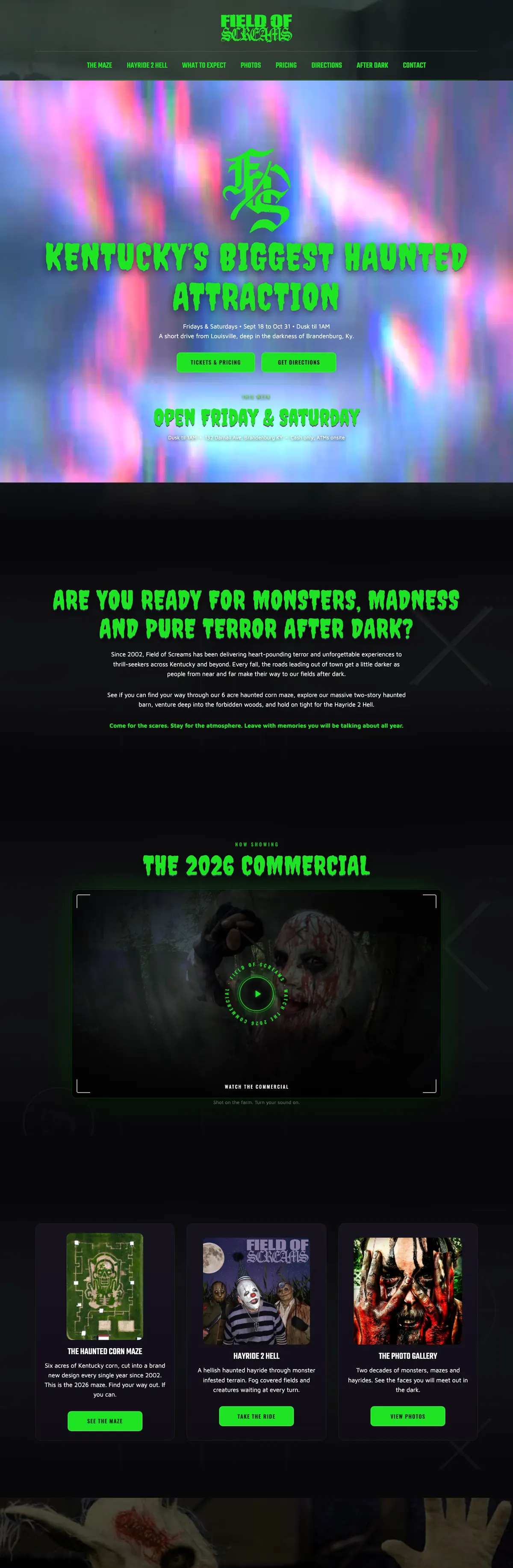 The Field of Screams Kentucky website on a desk monitor